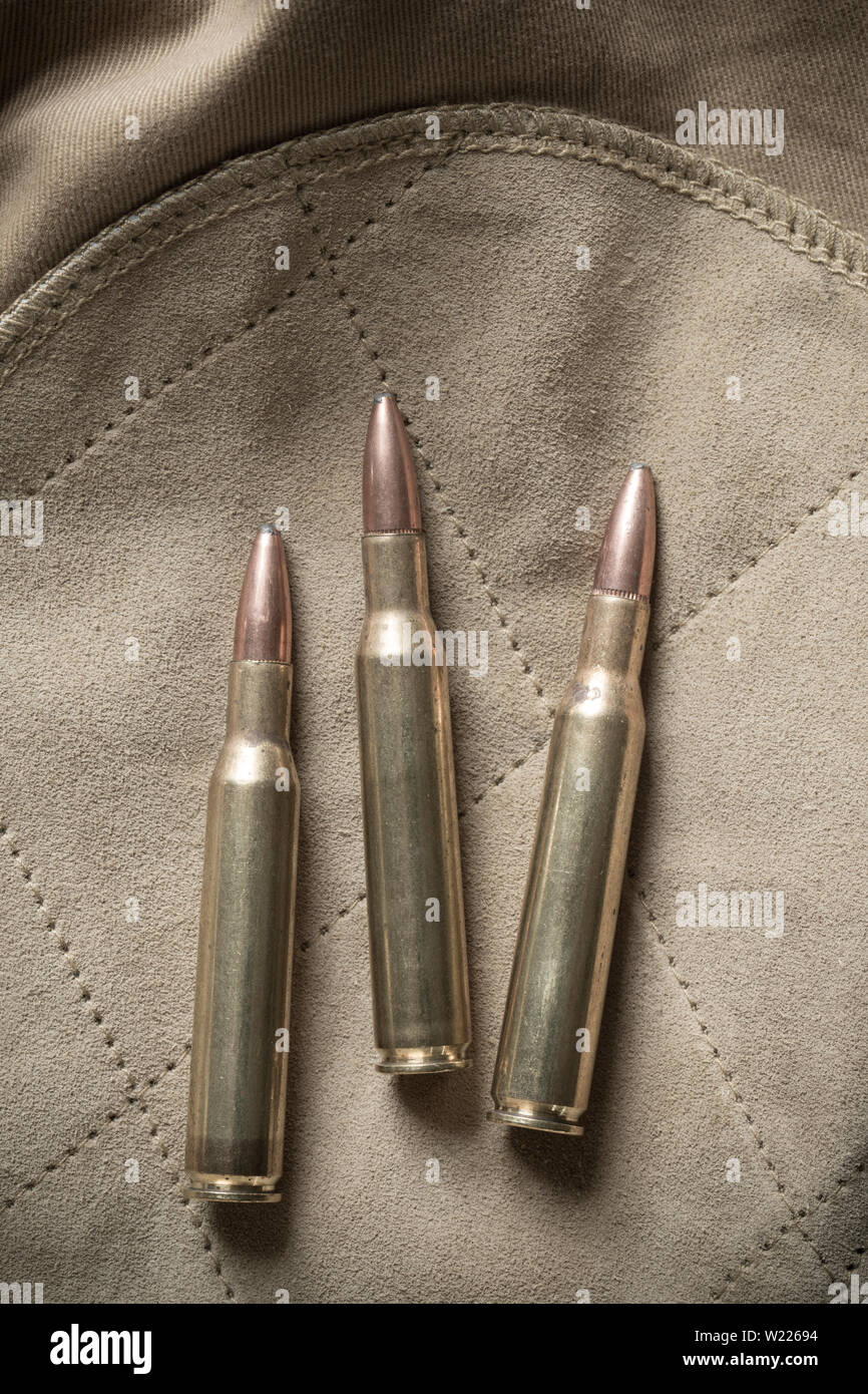 Trois cartouches de fusil .270 équipée avec soft-nosed les balles affiché sur une vieille veste de tir. Photographie numérique désaturées. England UK Banque D'Images