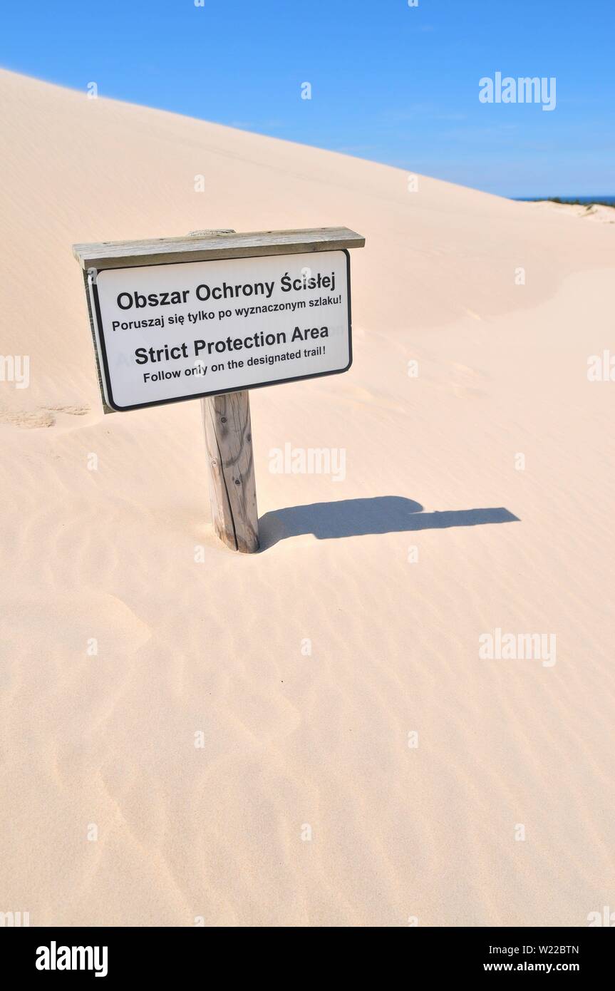 Zone de protection stricte sign in Parc National Slowinski, Leba, Pologne Mer Baltique (Lacka dune) Banque D'Images