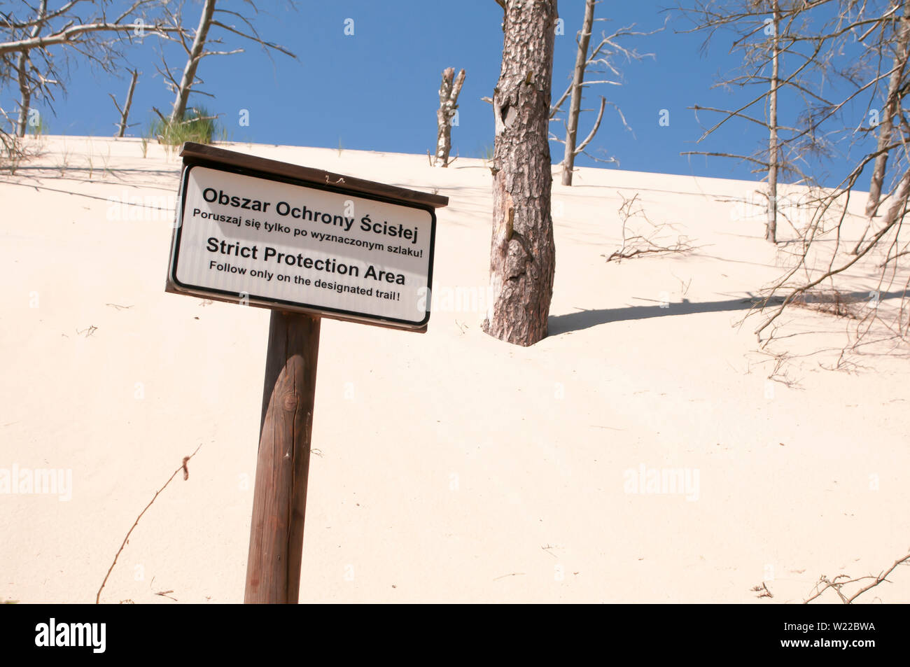 Zone de protection stricte sign in Parc National Slowinski, Leba, Pologne Mer Baltique (Lacka dune) Banque D'Images
