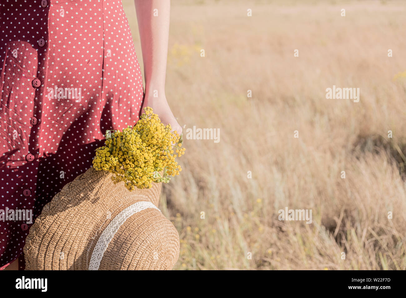 Femme avec un bouquet de fleurs et un chapeau dans le domaine. Scène rurale : femme en robe à pois avec farmer hat et bouquet de fleurs à la main, à l'avant Banque D'Images