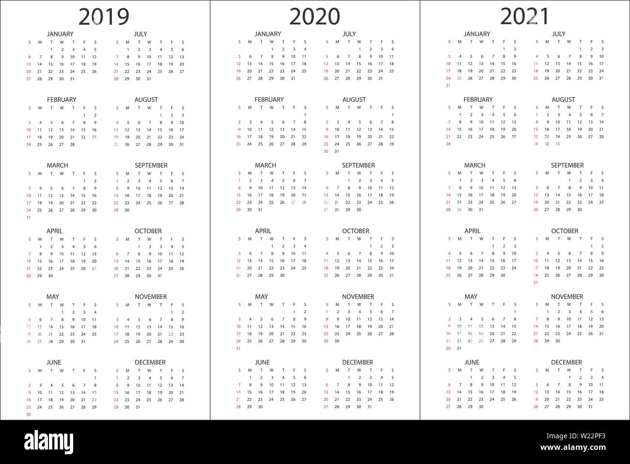 Définir des calendriers 2019, 2020, 2021 ans, modèle de conception simple, format vertical, la semaine commence le dimanche Illustration de Vecteur