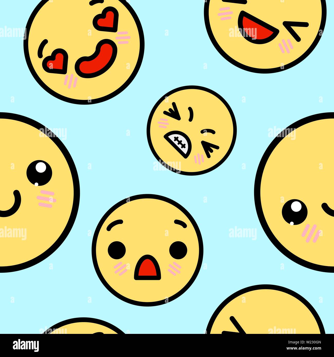 Modèle sans couture avec cute kawaii visages emoji. vector illustration cartoon Illustration de Vecteur