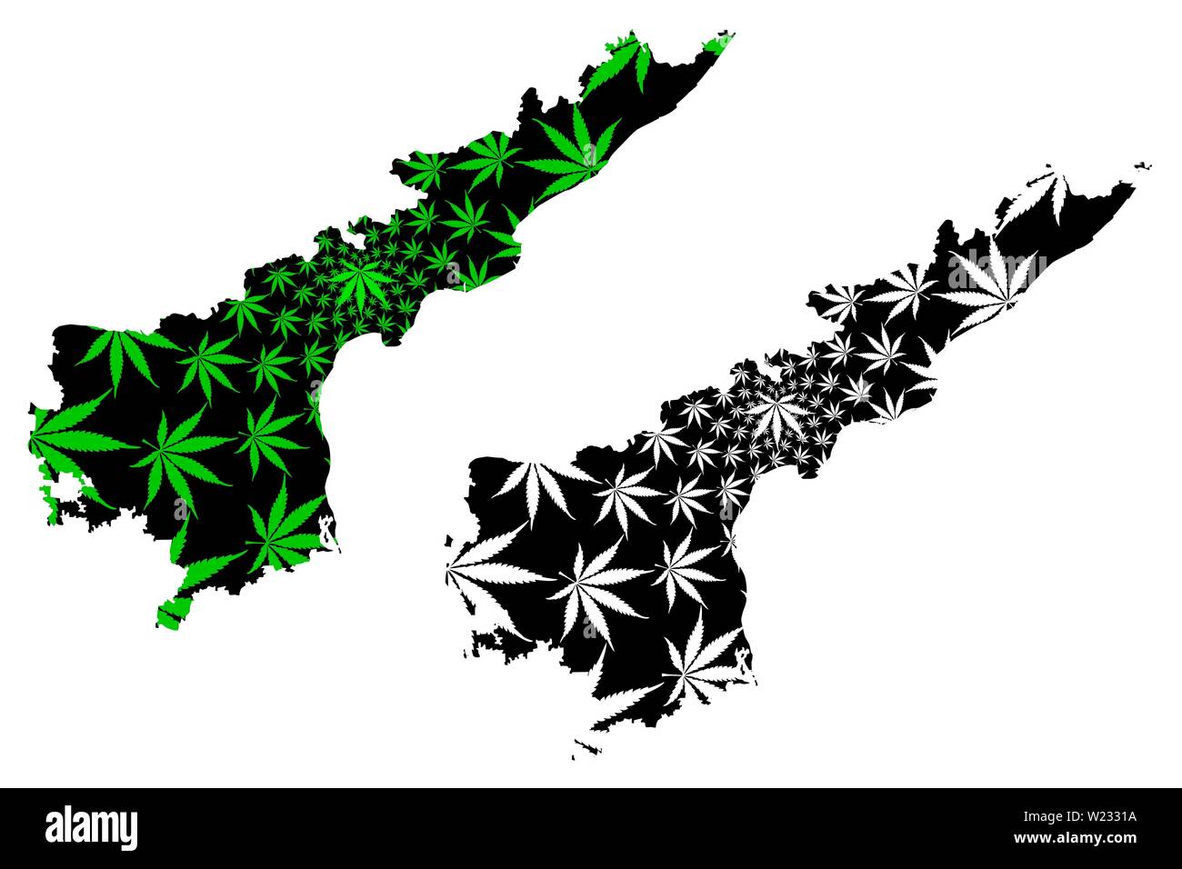 L'Andhra Pradesh (Nord-Ouest de l'Inde, États fédérés, République de l'Inde) la carte est conçue de feuilles de cannabis vert et noir, l'Etat d'Andhra Pradesh map mad Illustration de Vecteur