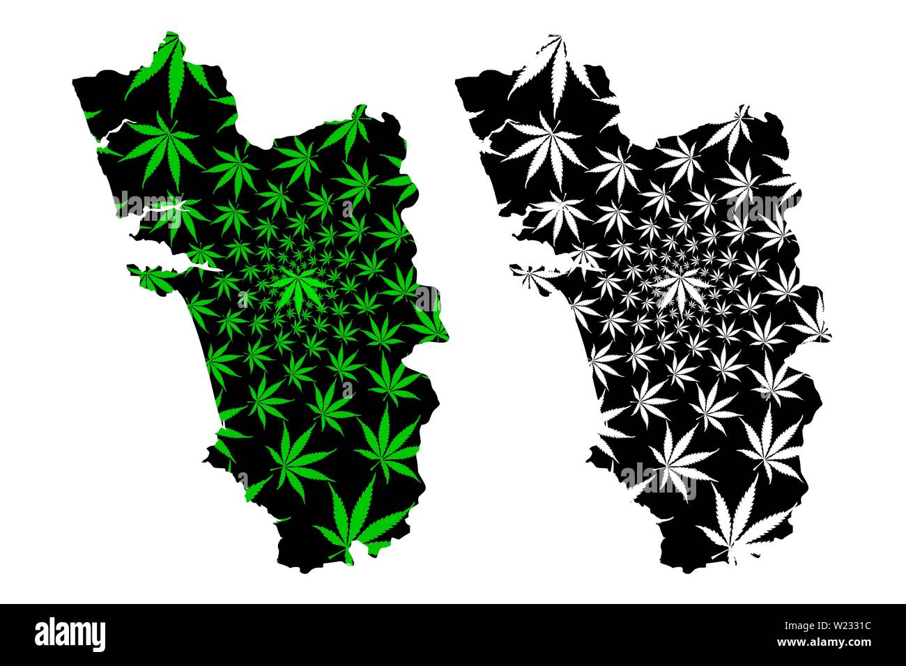 Goa (États et territoires de l'union de l'Inde, États fédérés, République de l'Inde) la carte est conçue de feuilles de cannabis vert et noir, Goa state map made of Illustration de Vecteur