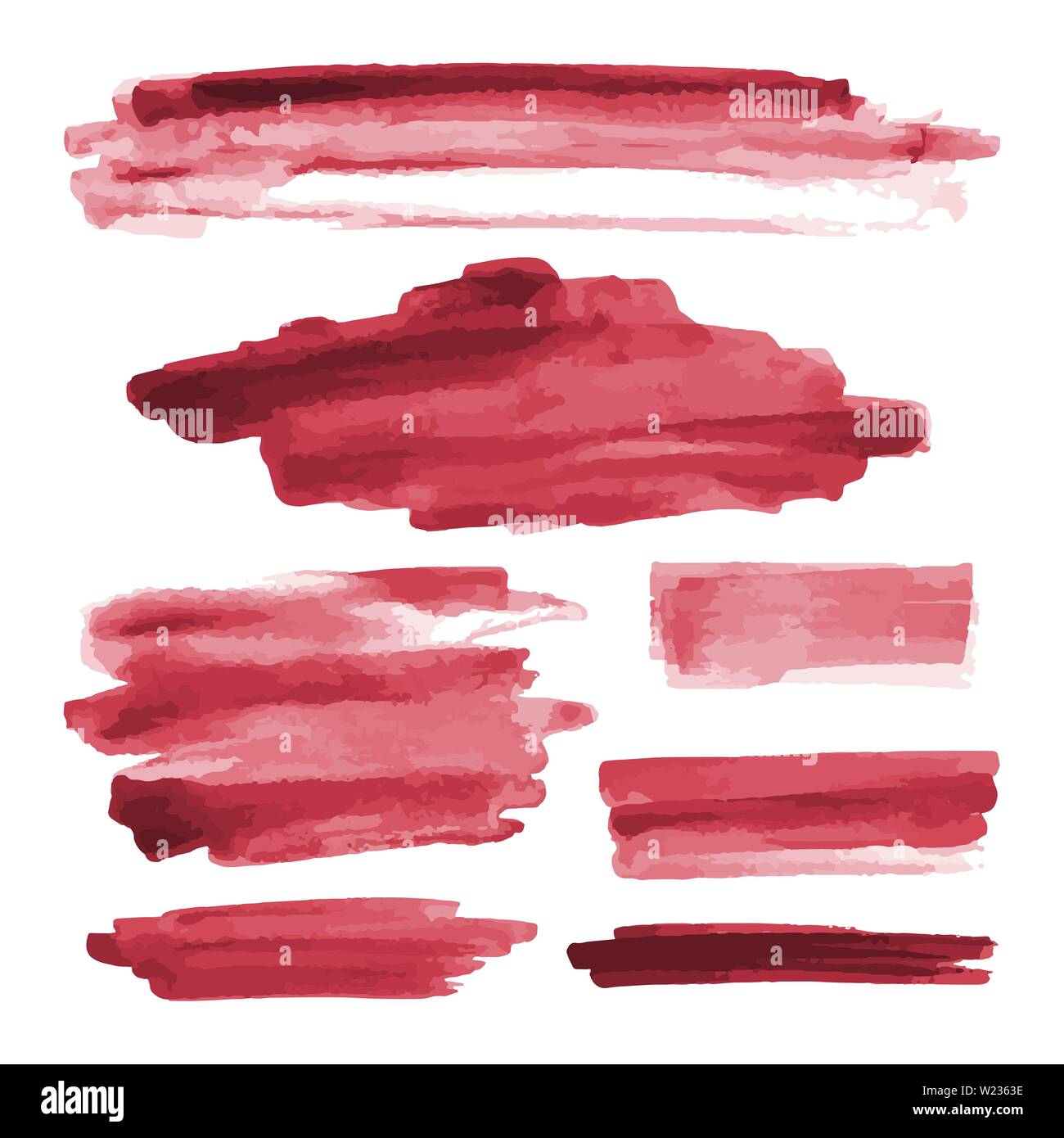 Aquarelle rouge formes, taches irrégulières, les taches, les coups de pinceau de peinture. Aquarelle abstraite texture définie. Isolé sur fond blanc. Illustration de Vecteur