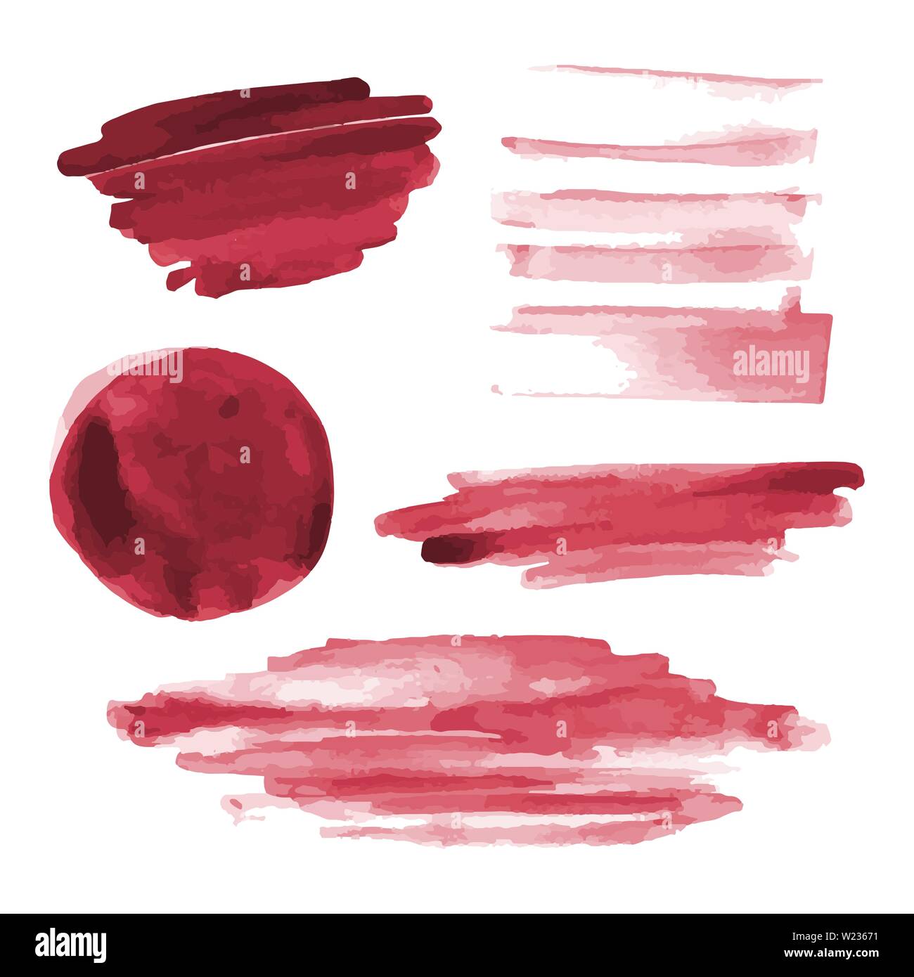 Aquarelle rouge formes, taches irrégulières, les taches, les coups de pinceau de peinture. Aquarelle abstraite texture définie. Isolé sur fond blanc. Illustration de Vecteur