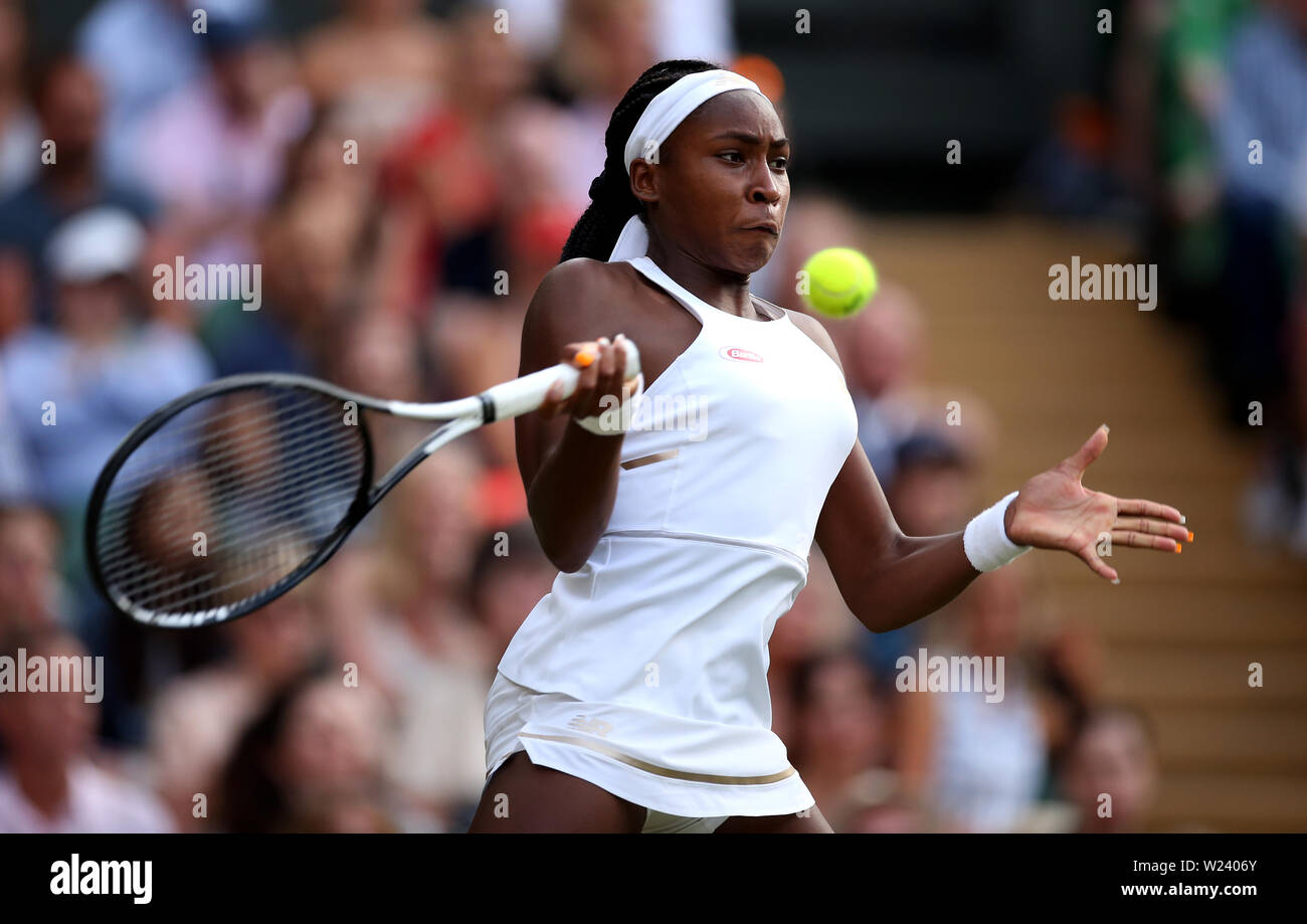 Cori Gauff en action sur cinq jours du tournoi de Wimbledon à l'All England Lawn Tennis et croquet Club, Wimbledon. Banque D'Images