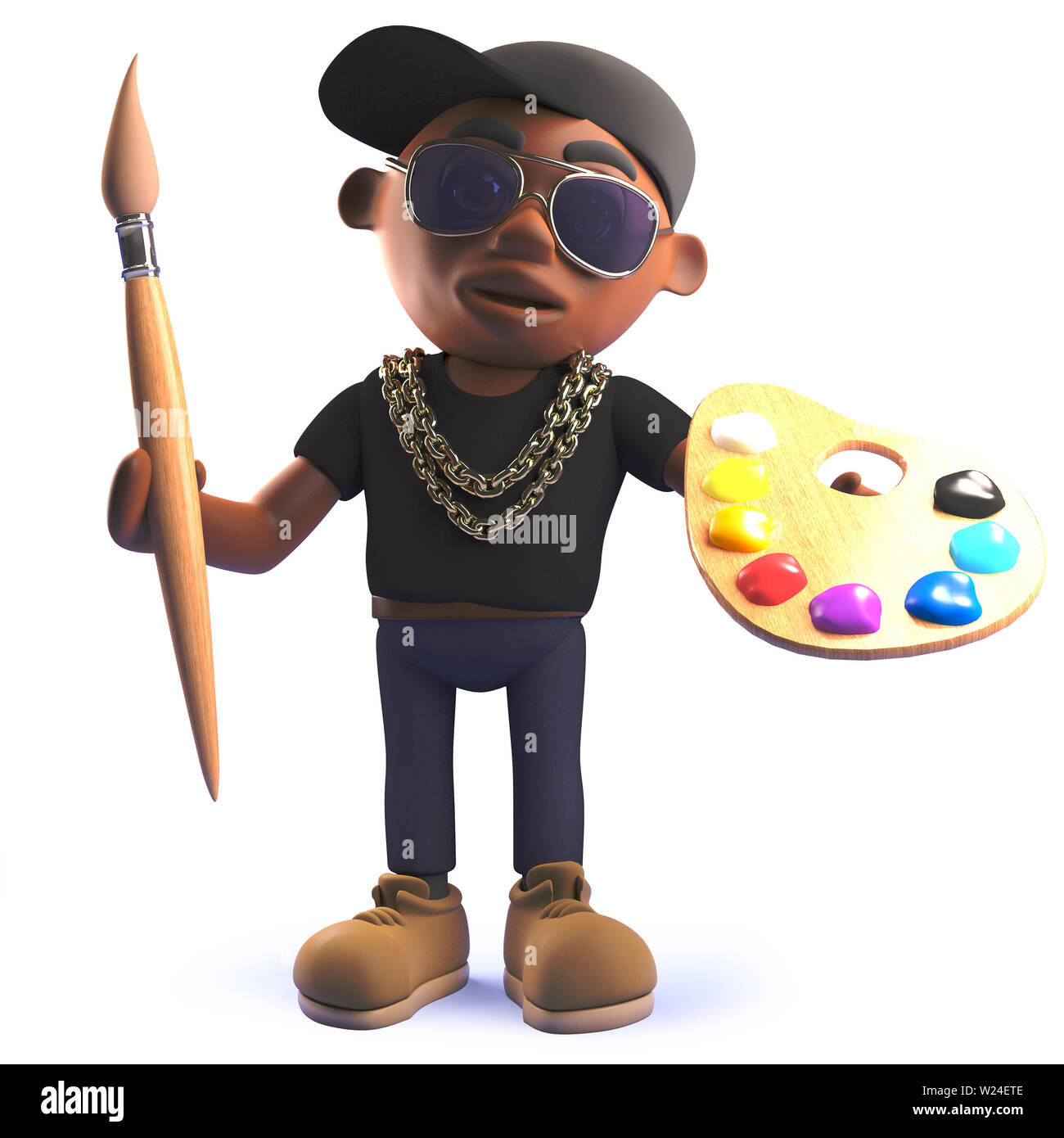 Image 3D reconstruite d'une caricature de l'Afrique noire artiste rap hiphop en 3d tenant une palette et pinceau Banque D'Images