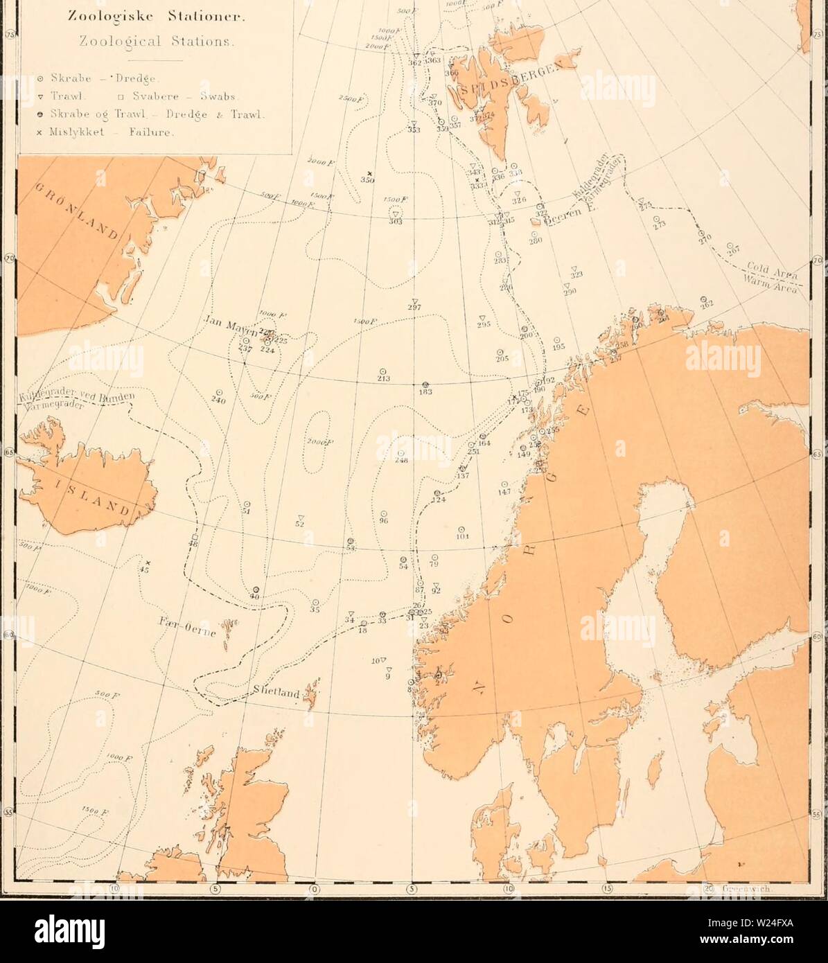 Image d'archive à partir de la page 238 de Den Norske Nordhavs-expedition, 1876-1878 (1880-1901). Den Norske Nordhavs-expedition, 1876-1878 dennorskenordhav05mohn Année : 1880-1901 Norske Nordhavs-Kxpetlitiuii. (So) ''''' (45) ;5cj@   »» j|§L -HJ. - S  L0 : •£.' °-' ,5° ' : '' '2° @ s°' J5-5 ] 4'51 jB1 ® H Stations Skral Logica]) f. - La drague au chalut v ' Svabere Swvibs Skialie j [oé Chalut.- Dredée & Mislykket Failnre au chalut. x. Den/arna 0/, .,.,,".. JithAiatlali. Kristiania Banque D'Images