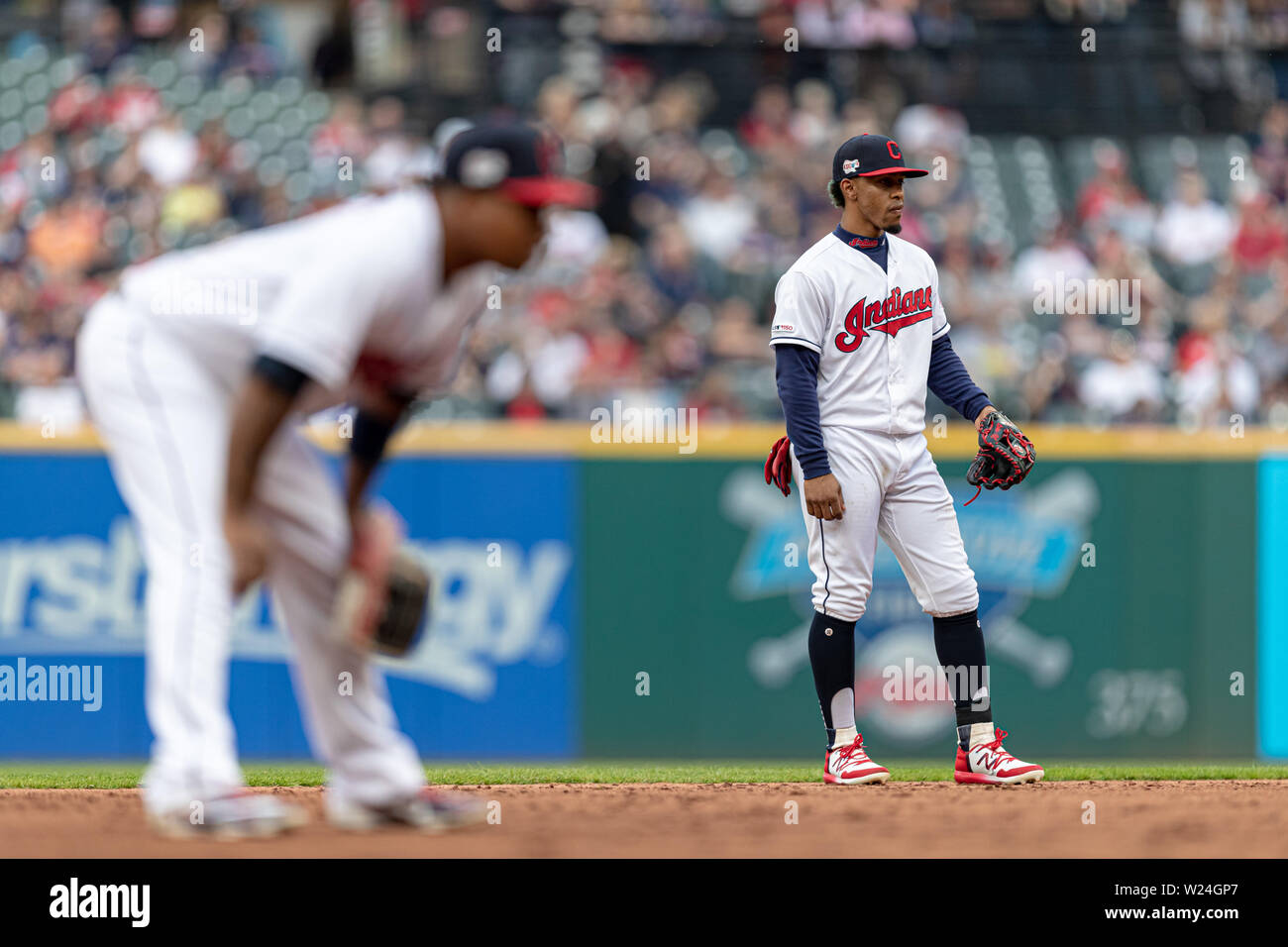 16 mai 2019 : Cleveland Indians shortstop Francisco Lindor (12) en action lors d'un match entre les Orioles de Baltimore et les Indians de Cleveland le 16 mai 2019 au Progressive Field de Cleveland, OH. Adam Lacy/CSM. Banque D'Images