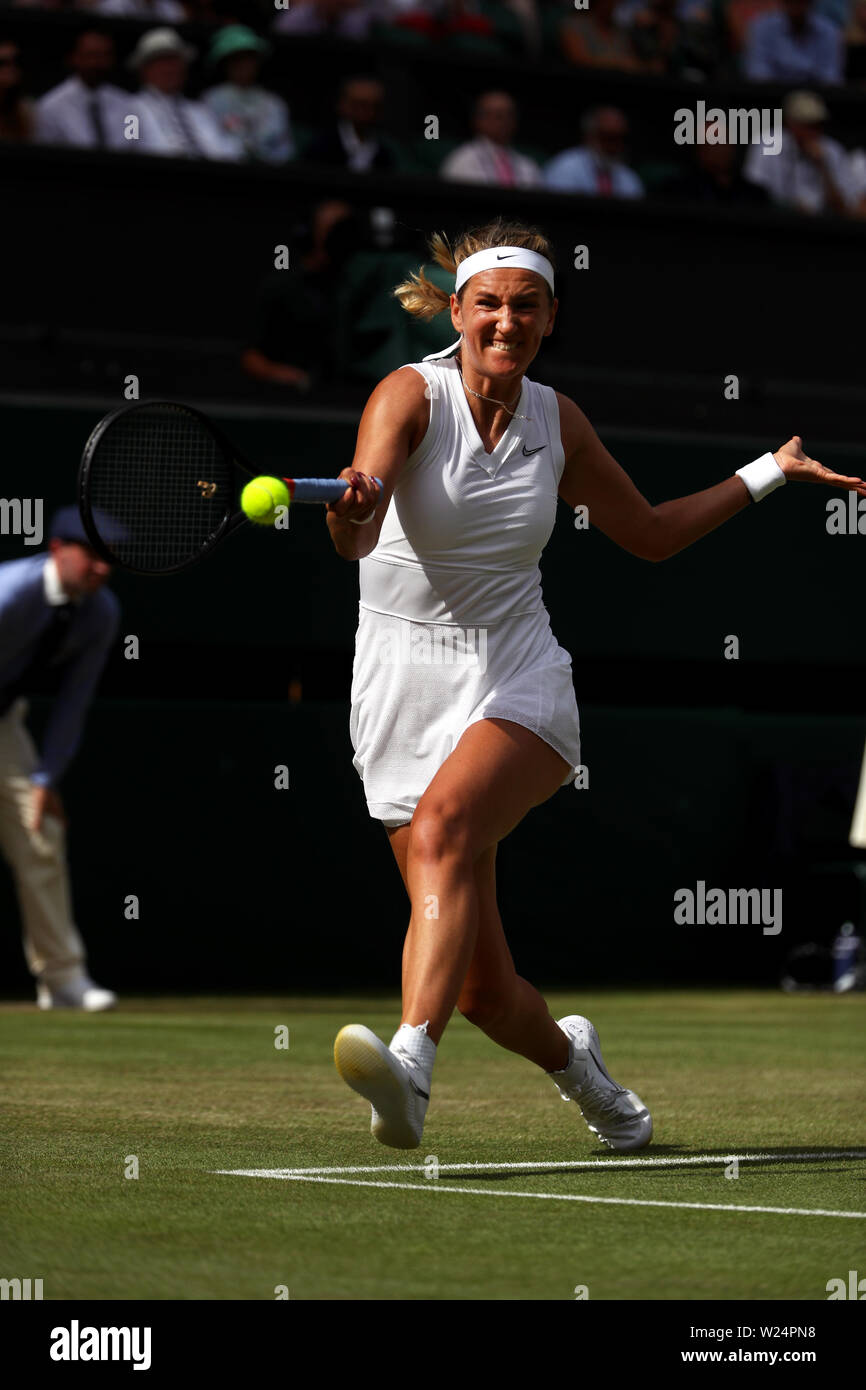 Londres, Royaume-Uni. 05 juillet, 2019. Wimbledon, 5 juillet 2019 - Victoria Azarenka lors de son match contre : Simona aujourd'hui à Wimbledon. A remporté le match : en 5 sets. Crédit : Adam Stoltman/Alamy Live News Banque D'Images