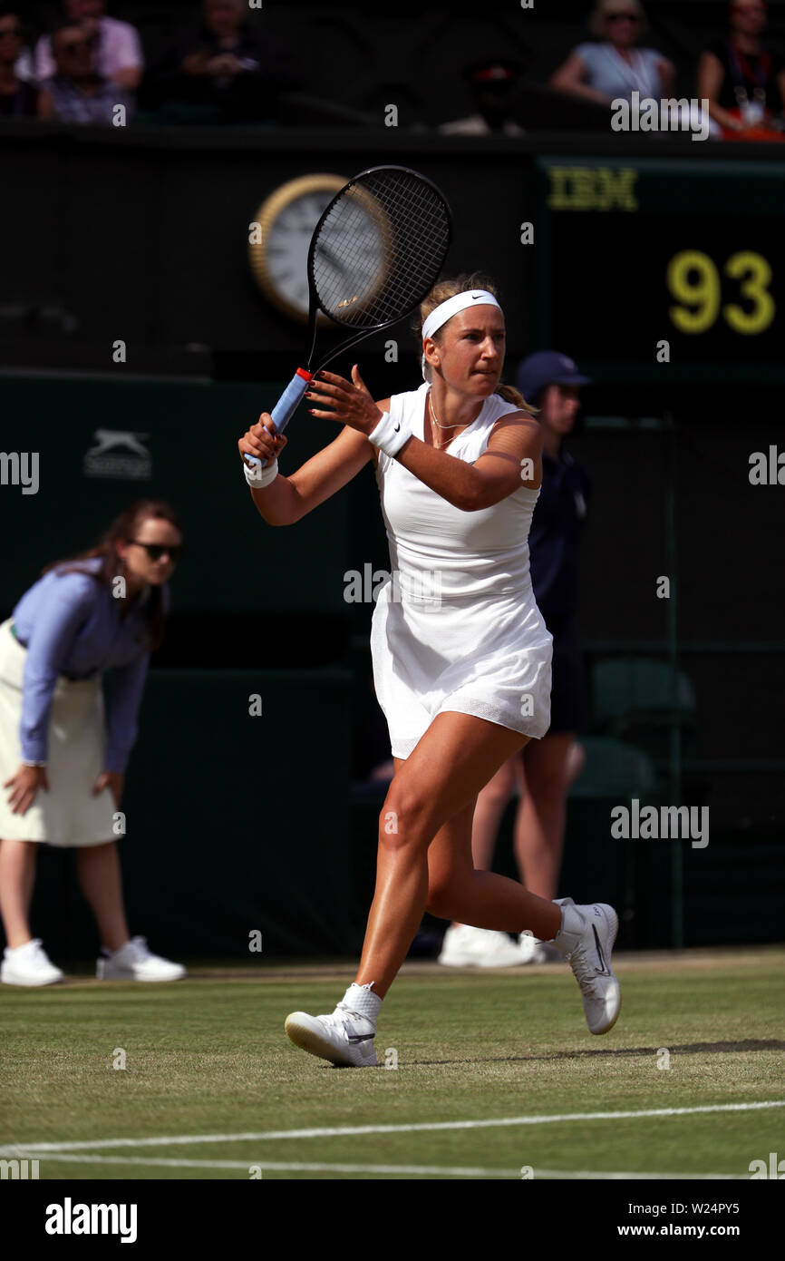 Londres, Royaume-Uni. 05 juillet, 2019. Wimbledon, 5 juillet 2019 - Victoria Azarenka lors de son match contre : Simona aujourd'hui à Wimbledon. A remporté le match : en 5 sets. Crédit : Adam Stoltman/Alamy Live News Banque D'Images