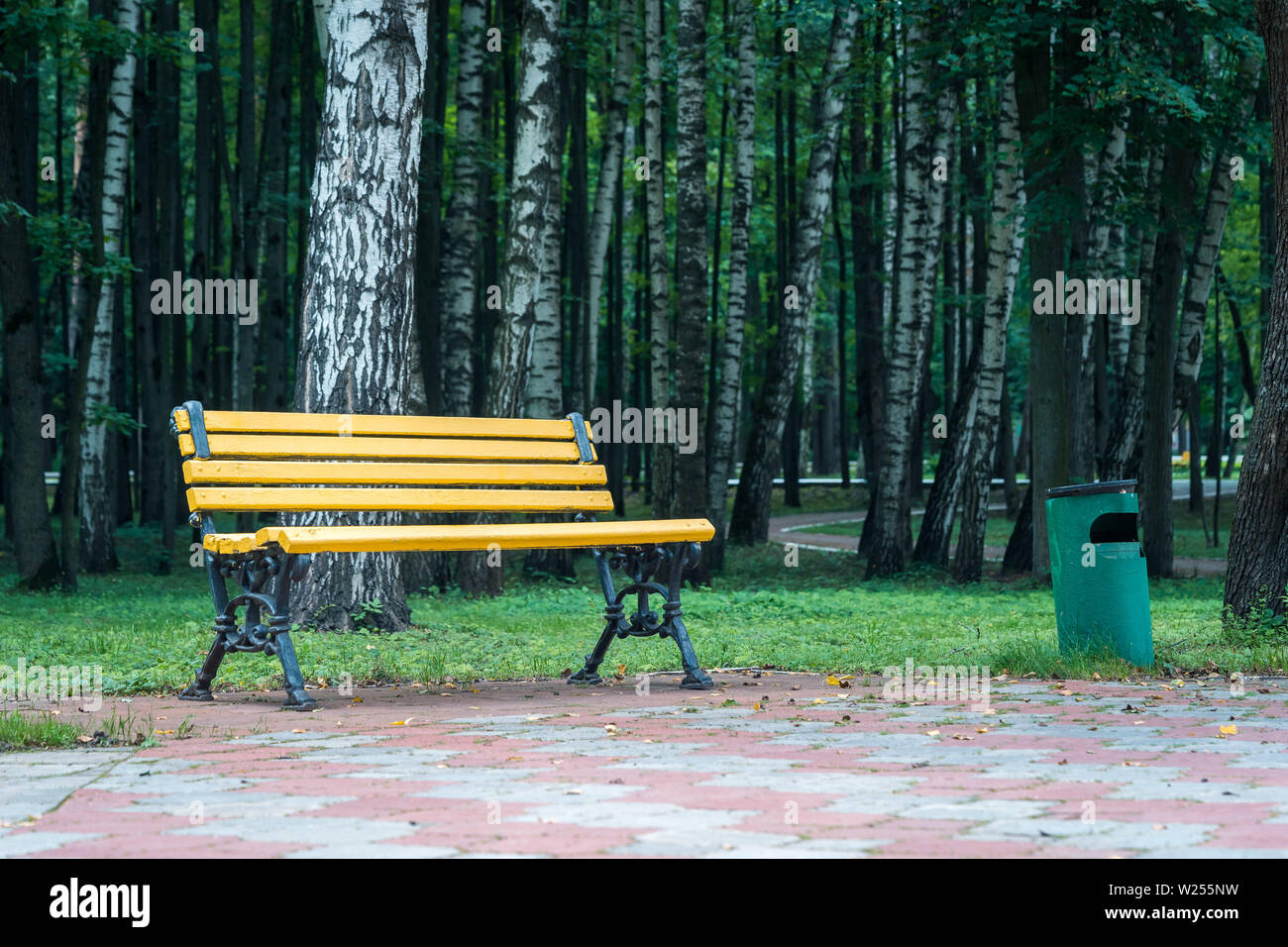 Banc en bois jaune dans un parc Banque D'Images