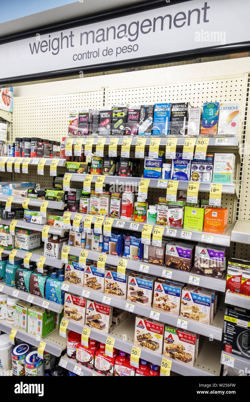 Miami Beach Florida,North Beach,Walgreens Pharmacy,vente d'étagères,gestion du poids,dieting,espagnol Anglais languages sign,FL190531037 Banque D'Images