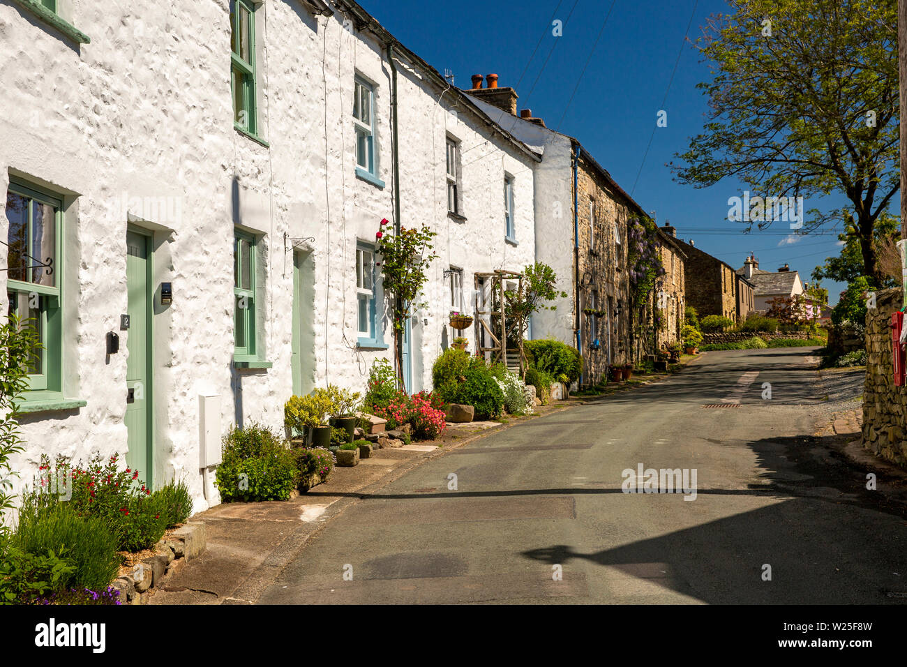 UK, Cumbria, Sedbergh, Millthrop, construit en pierre et cottages blanchis sur route à travers hamlet Banque D'Images