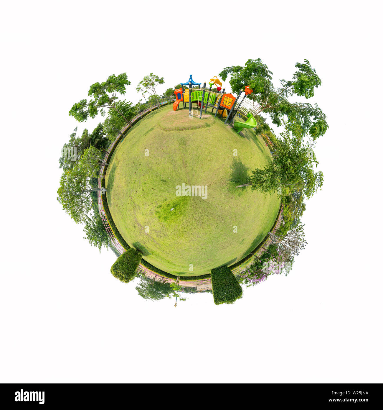 360 Panorama de l'aire de jeux sur fond blanc avec l'intérieur du chemin / panorama de l'aire de cercle sur fond blanc Banque D'Images