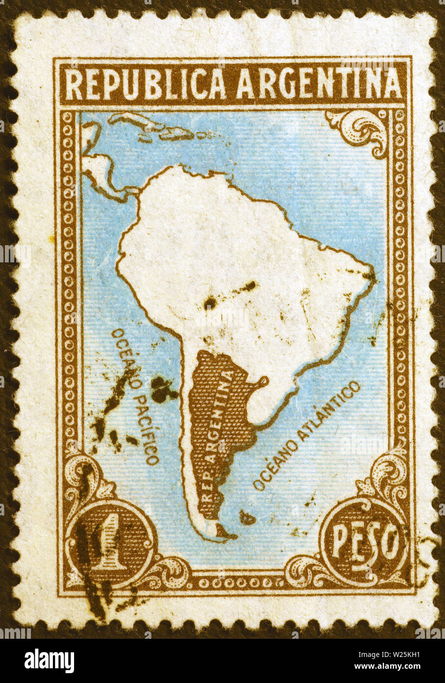 Vintage carte de l'Argentine sur le timbre ancien Banque D'Images