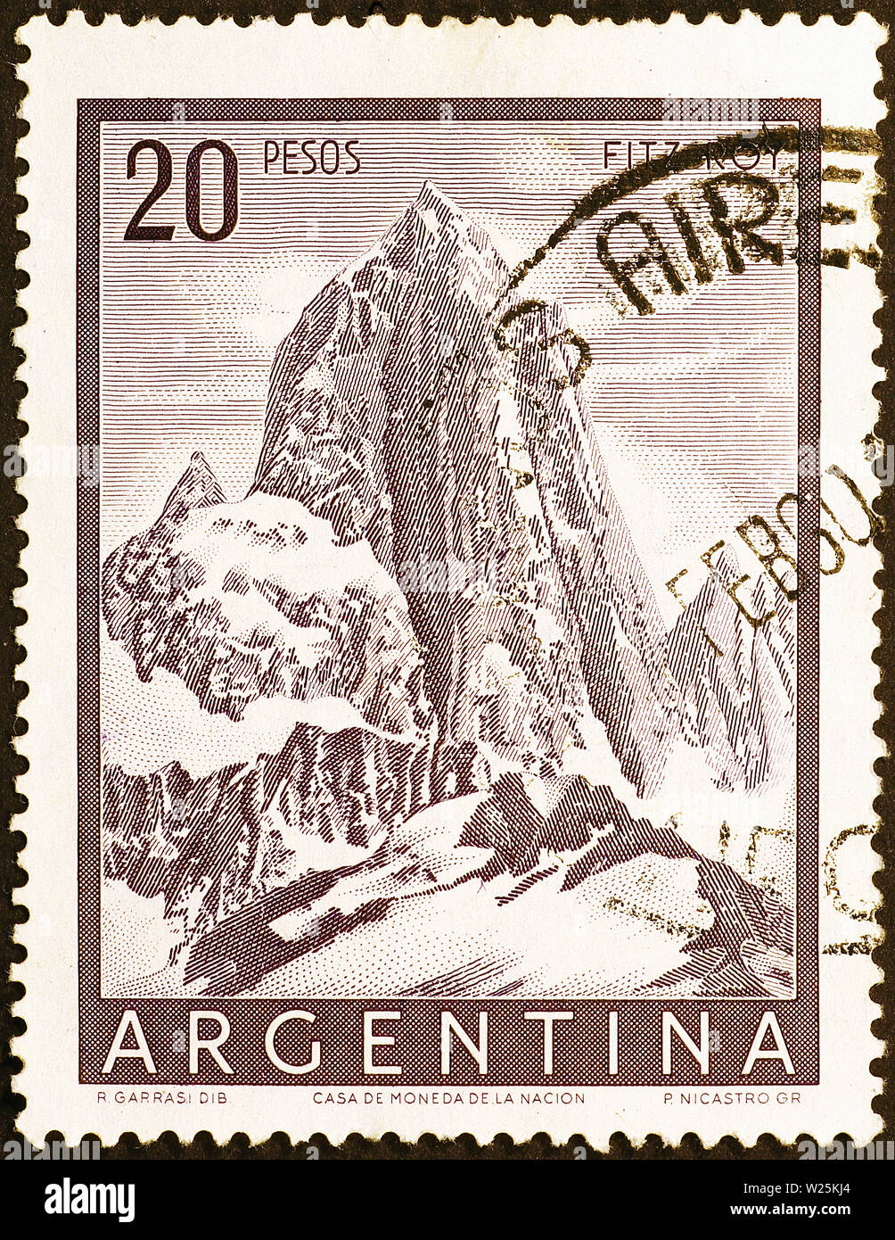 Mont Fitz Roy sur vieux timbre argentin Banque D'Images