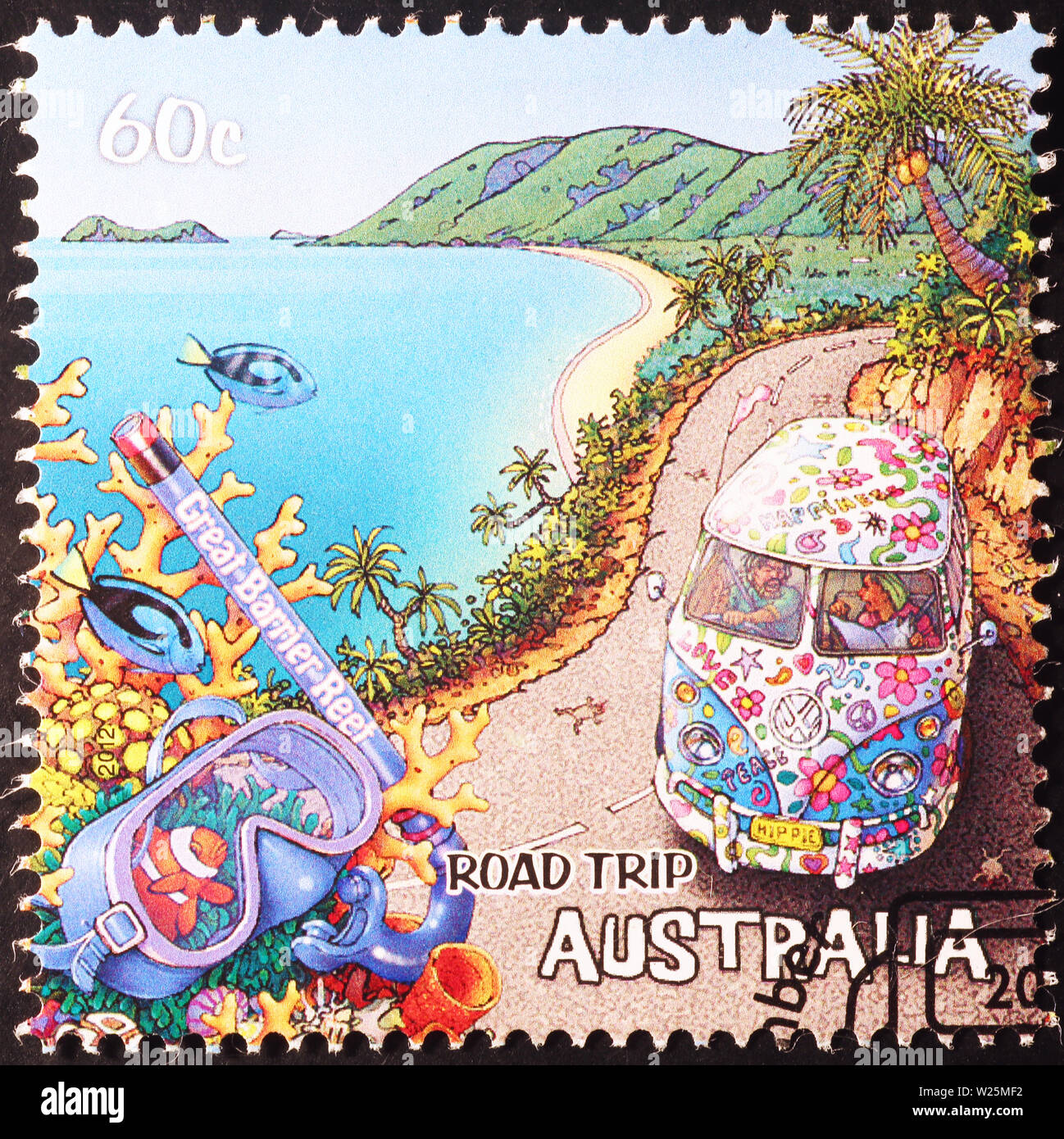 Van hippie sur les routes australiennes en timbres-poste Banque D'Images