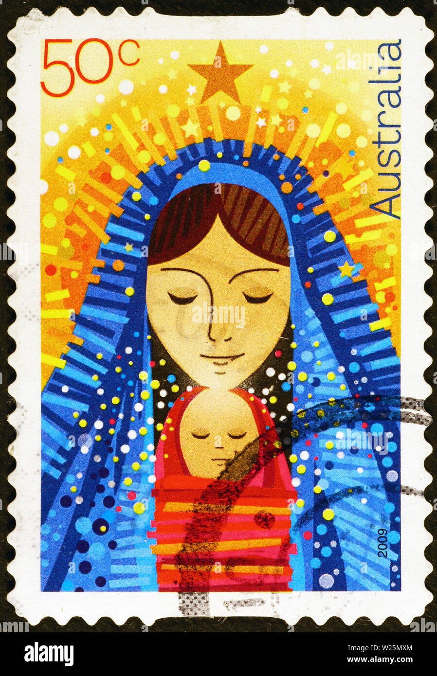 Marie et Jésus enfant sur des timbres australiens Banque D'Images