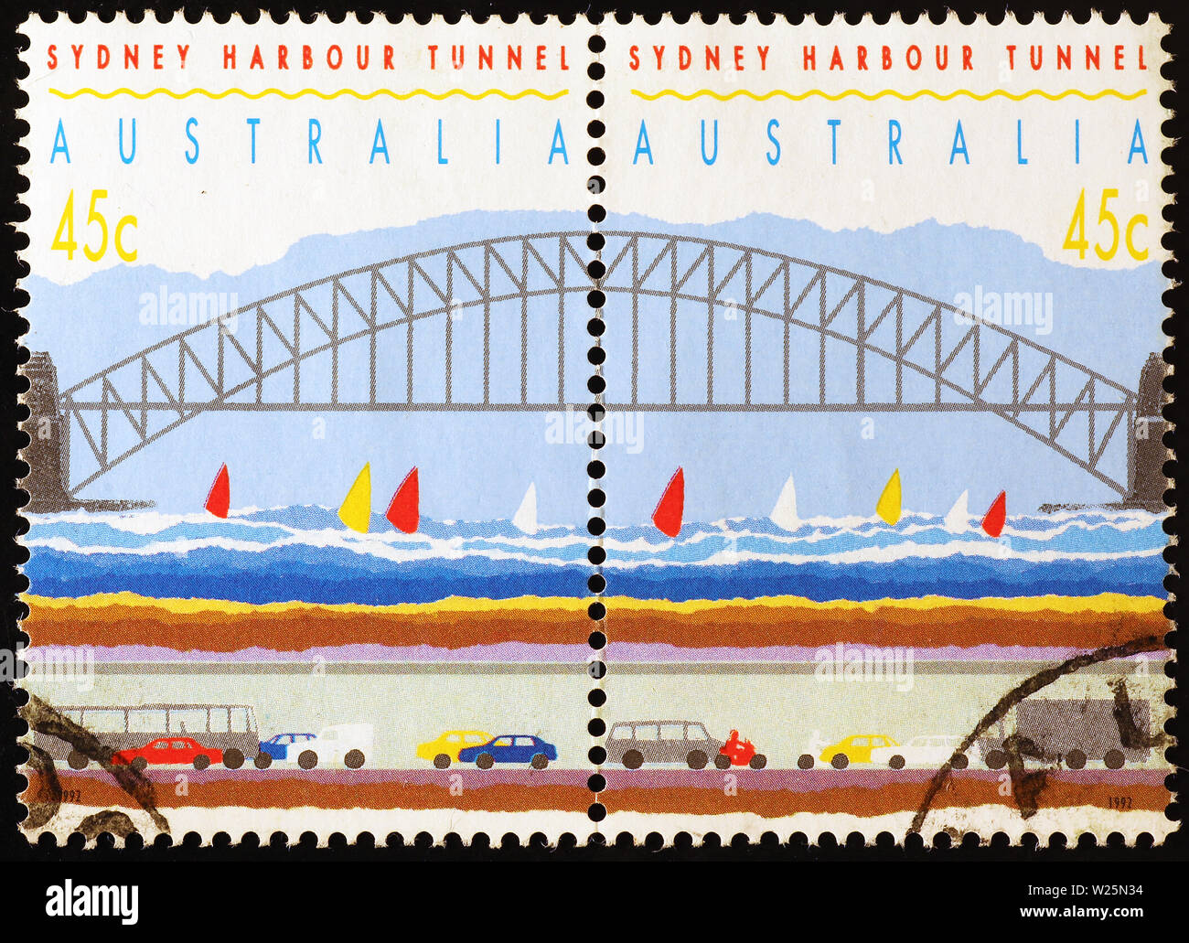 Sydney Harbour tunnel sur les timbres australiens Banque D'Images