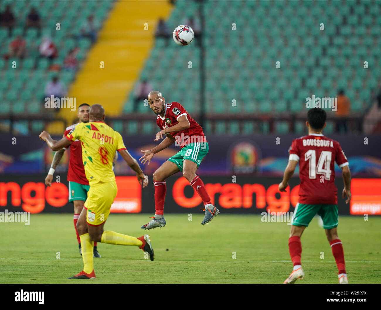 En France, le 5 juillet 2019 : Karim El Ahmadi Aroussi du Maroc lors de la coupe d'Afrique des Nations 2019 match entre le Maroc et le Bénin au stade Al Salam du Caire, Égypte. Ulrik Pedersen/CSM. Banque D'Images