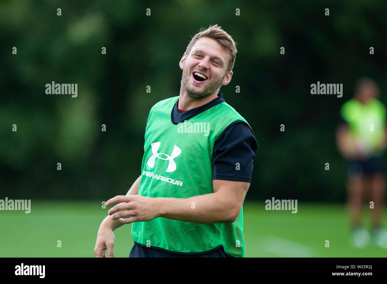 Hensol, Pays de Galles, Royaume-Uni. 6e juillet 2019. Dan Biggar au cours de formation de l'équipe nationale de rugby du Pays de Galles à Vale Resort à l'avance d'une série d'épreuves de Coupe du monde. Credit : Mark Hawkins/Alamy Live News Banque D'Images