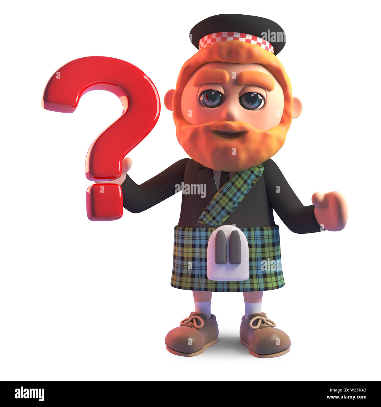 L'homme en kilt écossais sur la tenue d'un point d'interrogation, de rendu 3d illustration Banque D'Images