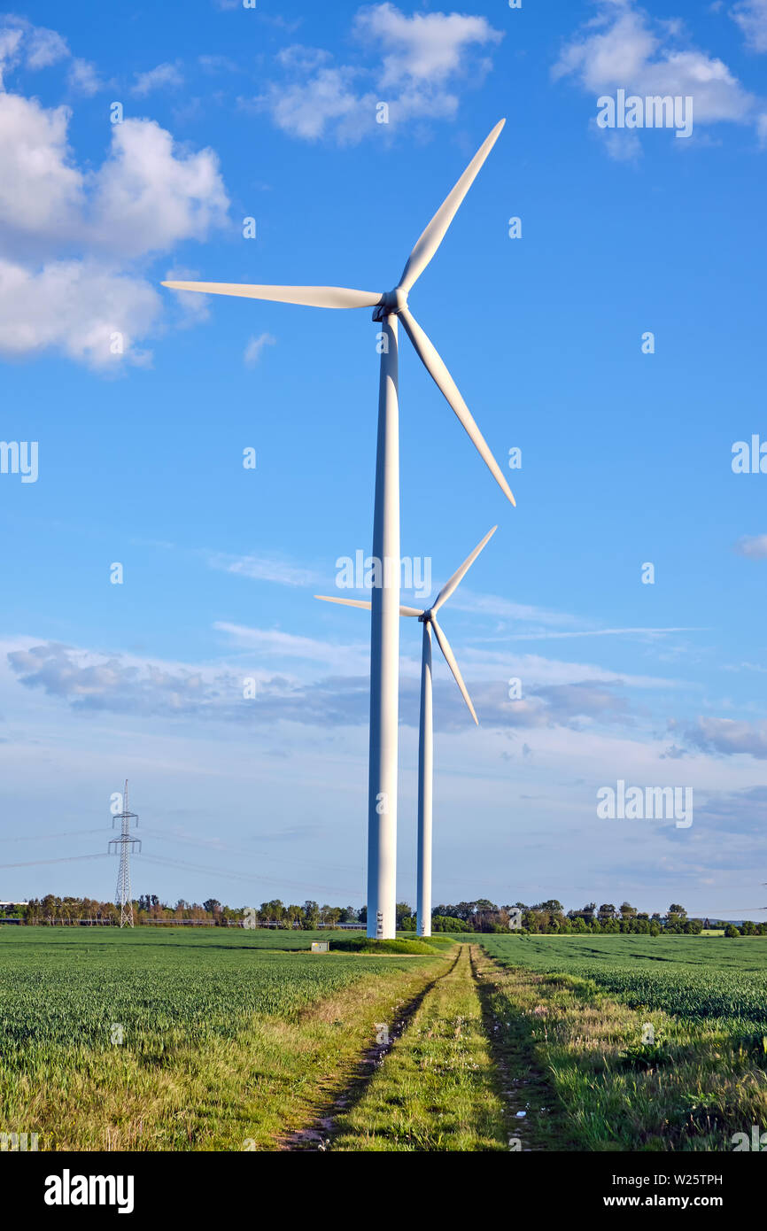 Les éoliennes et les champs verts vu en Allemagne Banque D'Images