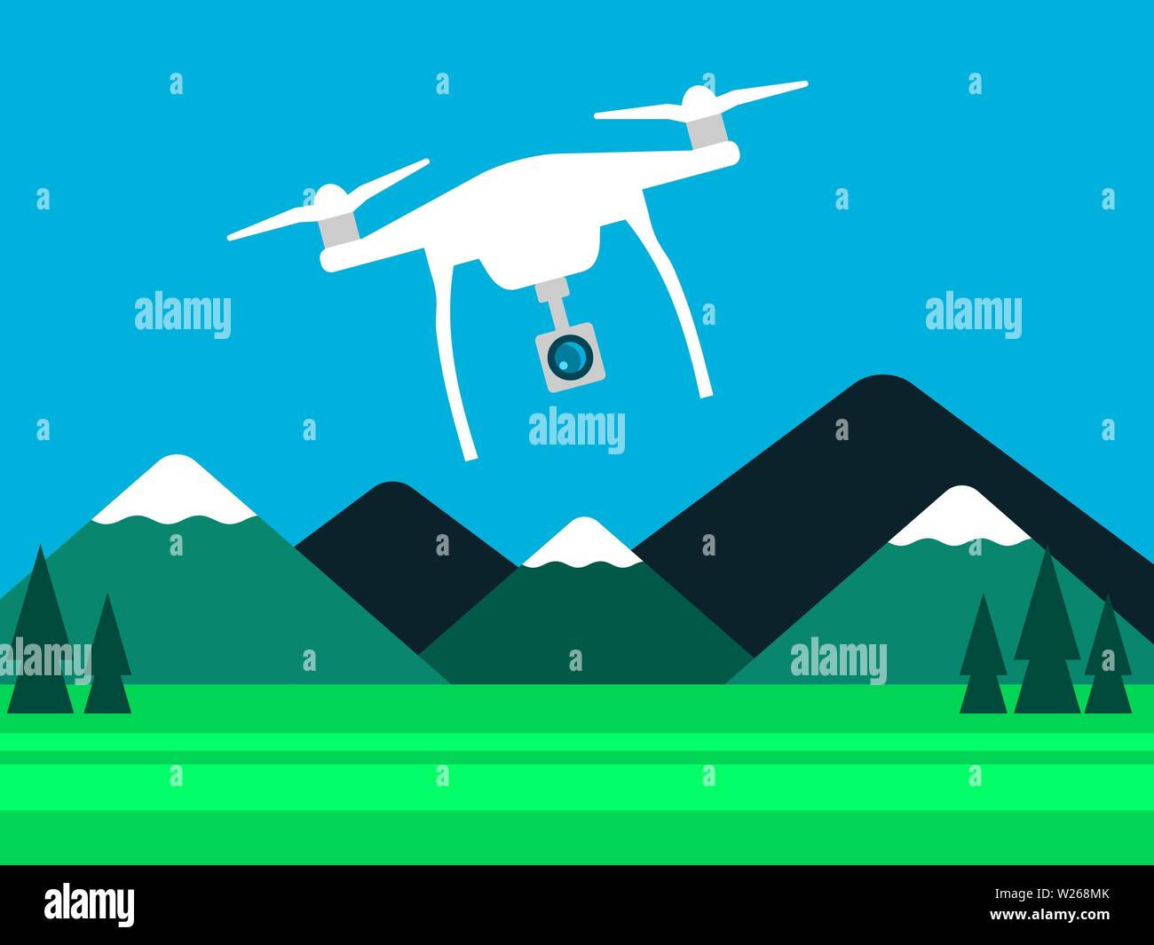 Photographie de drone concept. Drone aérien avec caméra survolant avec paysage montagne, prairie et arbres.Quadcopter prendre des photos et vidéos.Vector Illustration de Vecteur