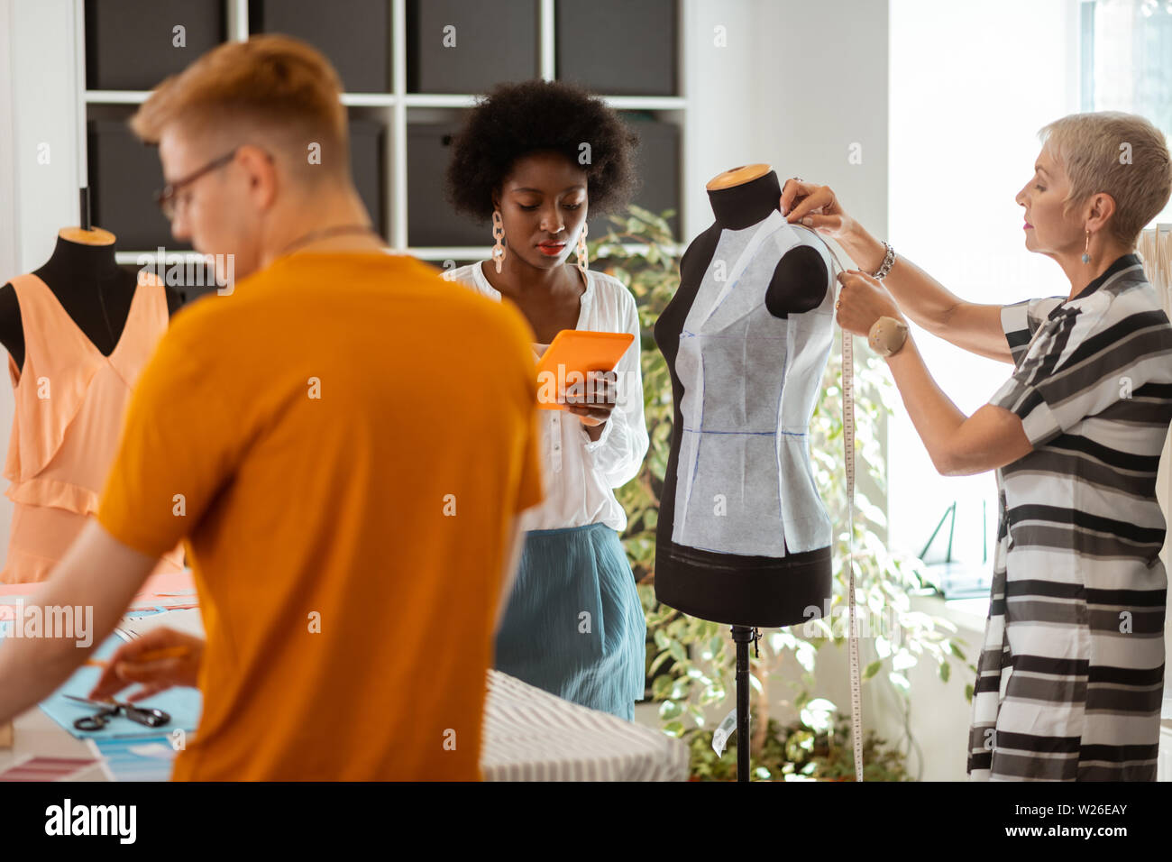 Équipe de professionnels. Équipe de professionnels créateurs de mode travaillant dans un studio tout en prenant des mesures Banque D'Images