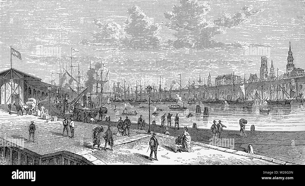 Grue à vapeur à Kaiser jetée à port de Hambourg, 19e siècle Banque D'Images