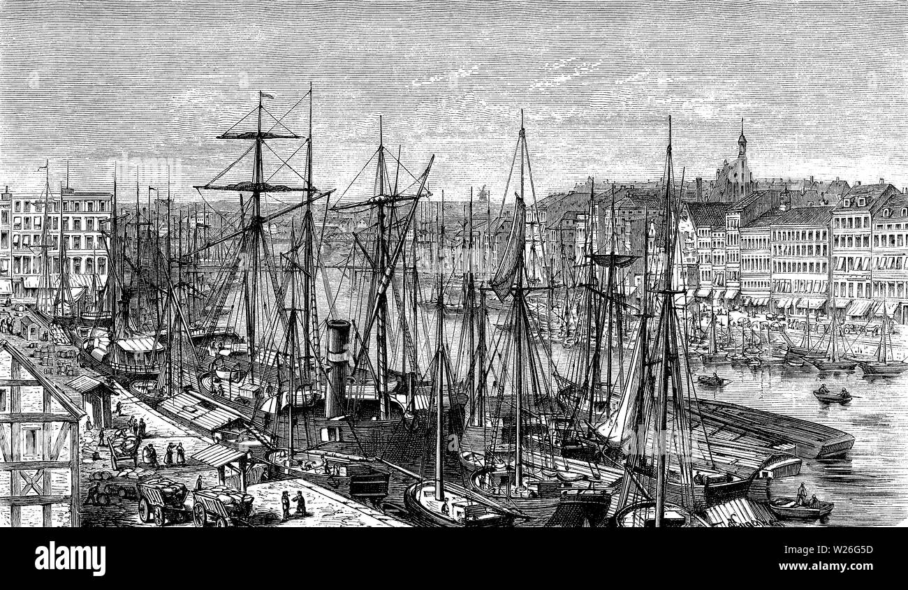 Vue panoramique de Stettin (aujourd'hui Szczecin, en Pologne) port sur la côte de la Mer Baltique avec sailships mouillée et la ville, 19e siècle Banque D'Images