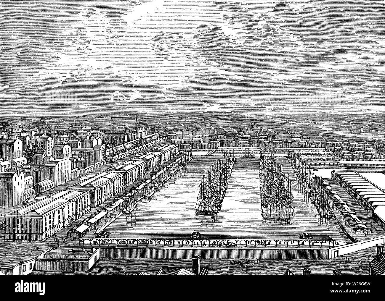 Vue panoramique de la zone des quais du port de Londres sur la Tamise, 1837 Banque D'Images