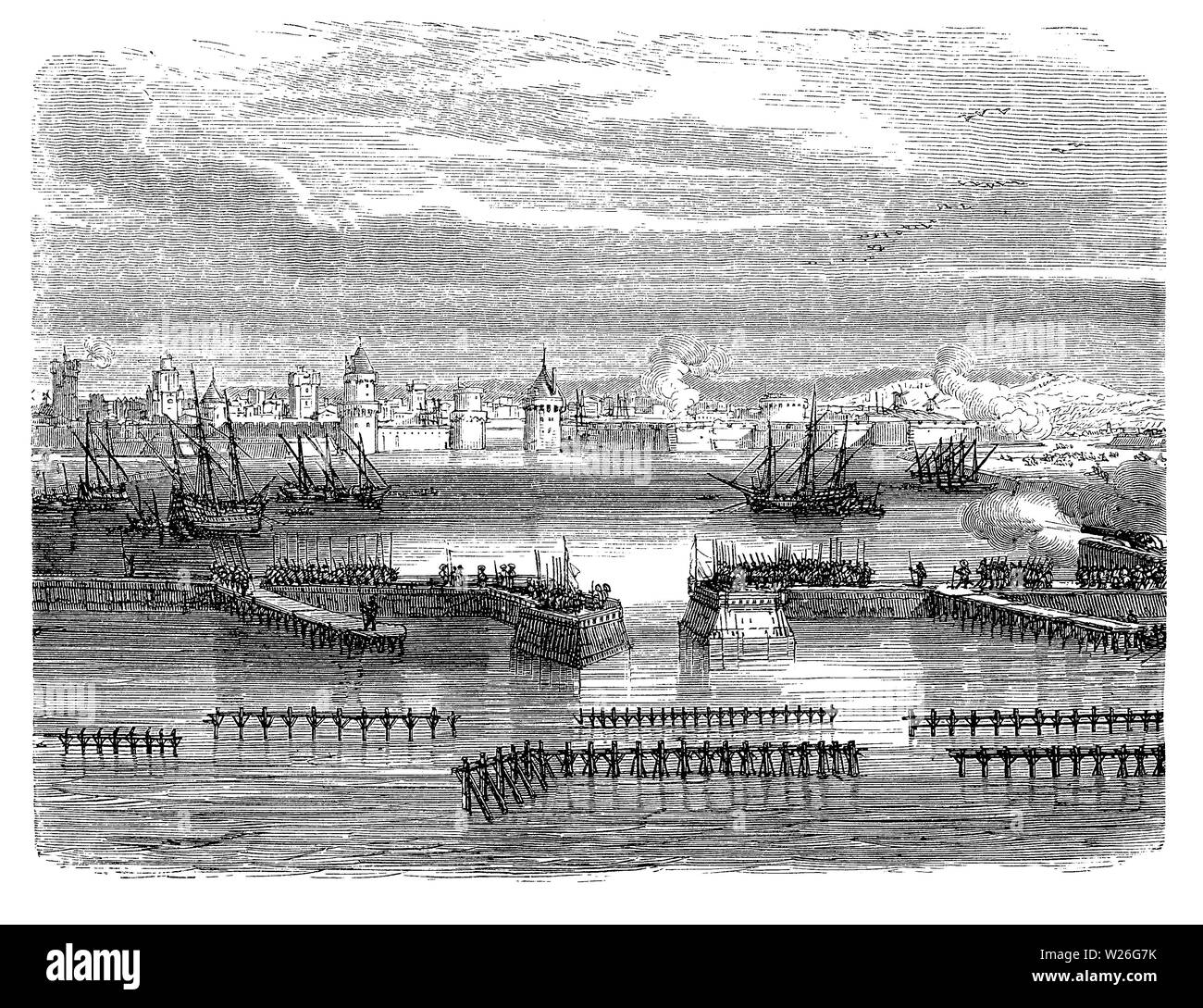 La France, le port fortifié de La Rochelle avec le château Vauclair sur le golfe de Gascogne protégée par l'océan Atlantique, 16e siècle Banque D'Images