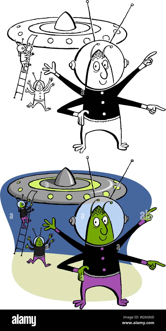 Un dessin animé de Little Green Men exotiques et leur soucoupe volante. Illustration de Vecteur