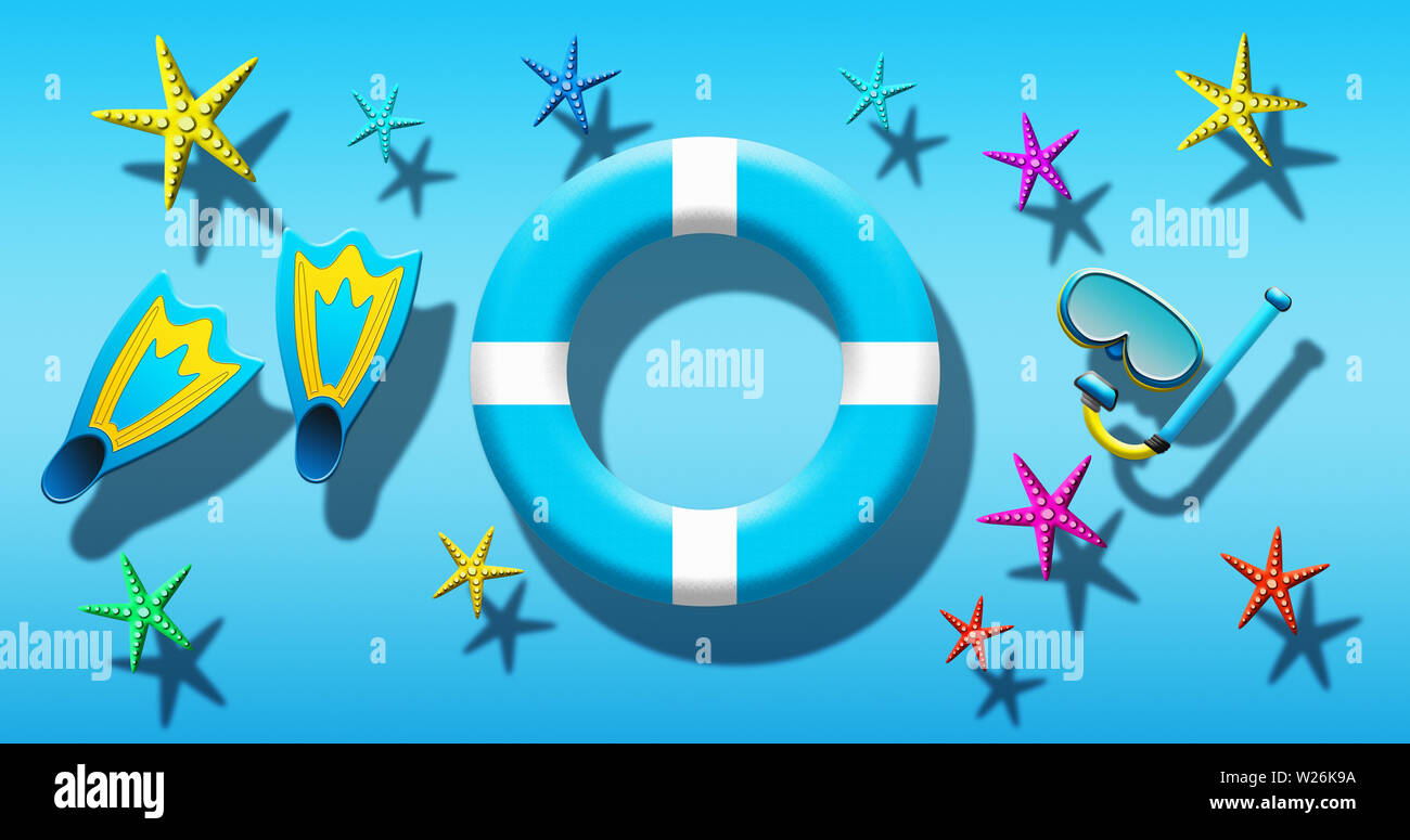 Des vacances d'été à la piscine avec Plongée Masque, palmes, anneaux de sécurité et d'étoiles flottant sur une surface de l'eau bleue Banque D'Images