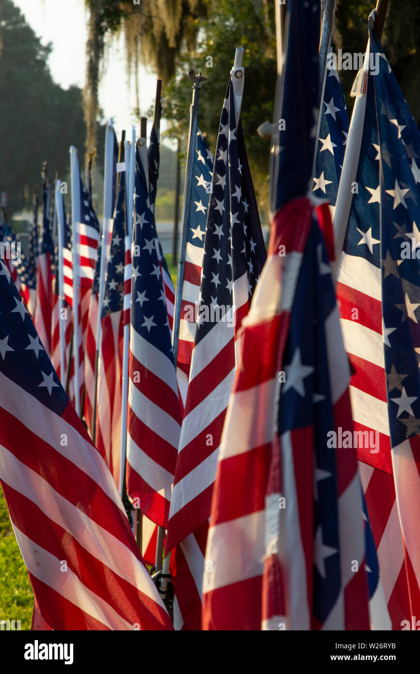 Drapeaux américains affichés le jour de l'indépendance, la 4ème de juillet. Banque D'Images