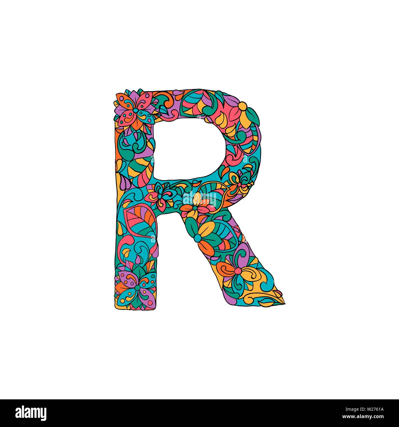 Ornement floral coloré Alphabet, lettre initiale R Font. Typographie vecteur symbole. Affiches multicolores pour les adultes. Ornement isolé pour la conception des couvertures de livre Illustration de Vecteur