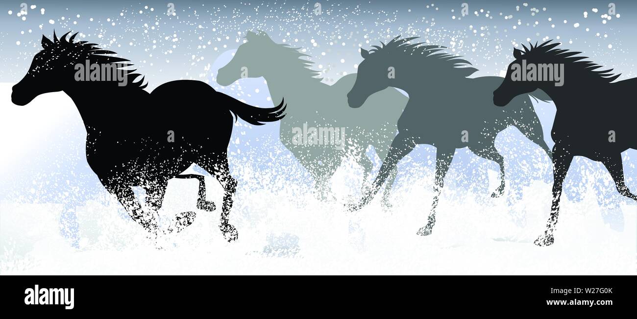 Chevaux dans le champ de neige vecteur silhouette Illustration de Vecteur