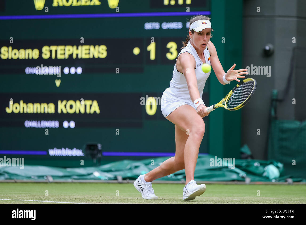 Wimbledon, Londres, Royaume-Uni. 6 juillet, 2019. Johanna Konta de Grande-Bretagne au cours de la troisième série de match du Championnat de Tennis Wimbledon contre Sloane Stephens des États-Unis à l'All England Lawn Tennis et croquet Club à Londres, Angleterre le 6 juillet 2019. Credit : AFLO/Alamy Live News Banque D'Images