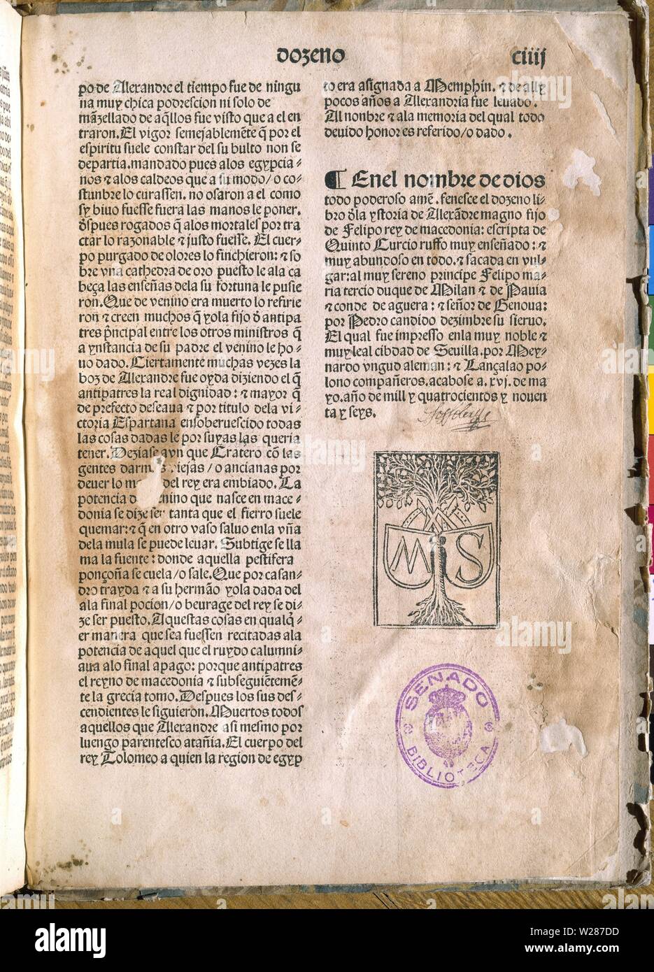 ULTIMA PAGINA DE LA HISTORIA DE ALEJANDRO MAGNO - SEVILLA - EDICION DE 1496 incunables -. Auteur : CURCIO RUFO QUINTO SIGLO I. Localisation : SENADO-BIBLIOTECA-COLECCION. MADRID. L'ESPAGNE. Banque D'Images