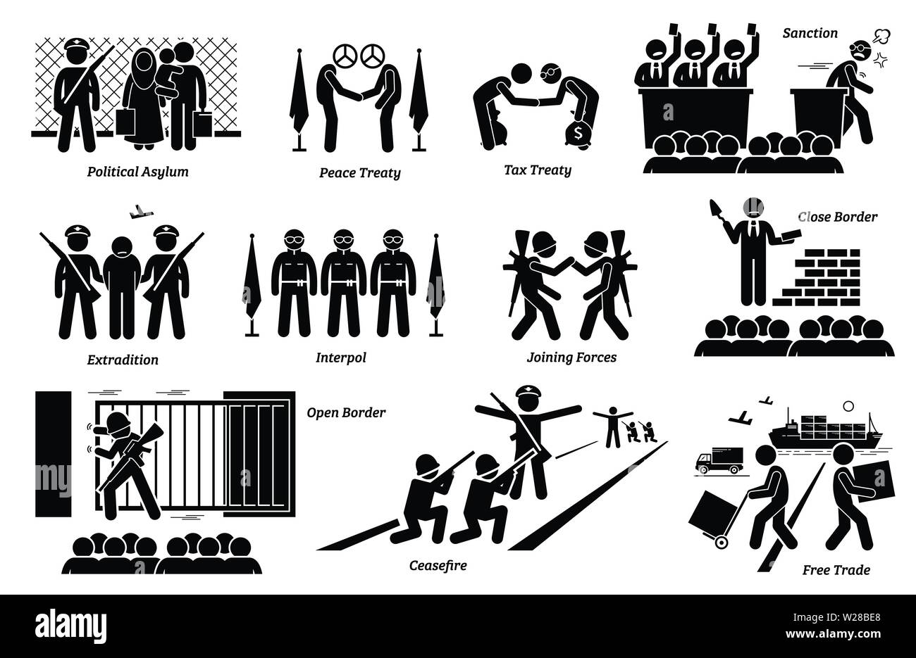 Les pays traités, lois et accords internationaux. Artwork représente l'asile politique, la paix et la convention fiscale, la sanction, l'extradition, Interpol, alliés, Illustration de Vecteur