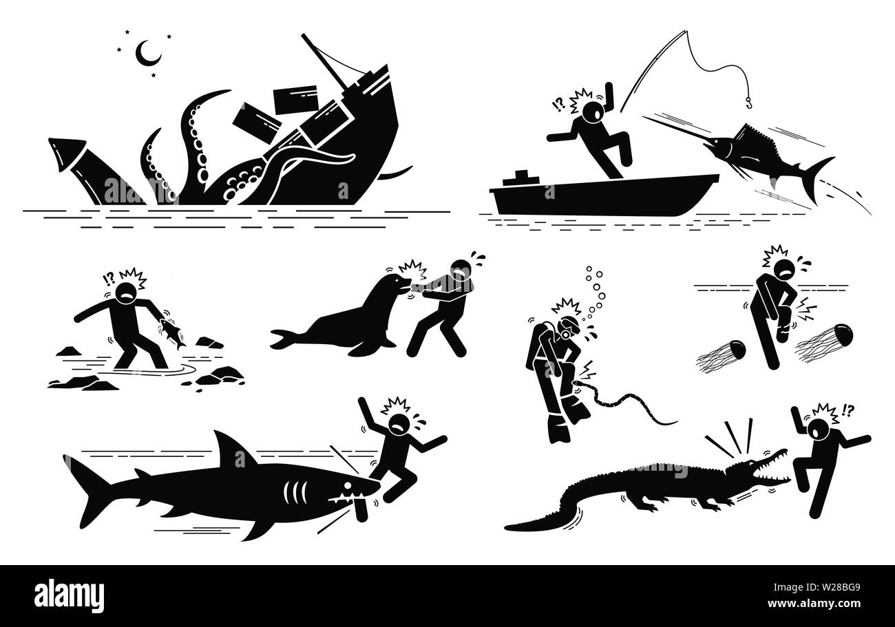 Animaux marins et créatures sous l'attaque des symboles des signes d'icônes. Les illustrations montrent un calmar géant, voiliers, les poissons, lion, serpent de mer, fort jell Illustration de Vecteur