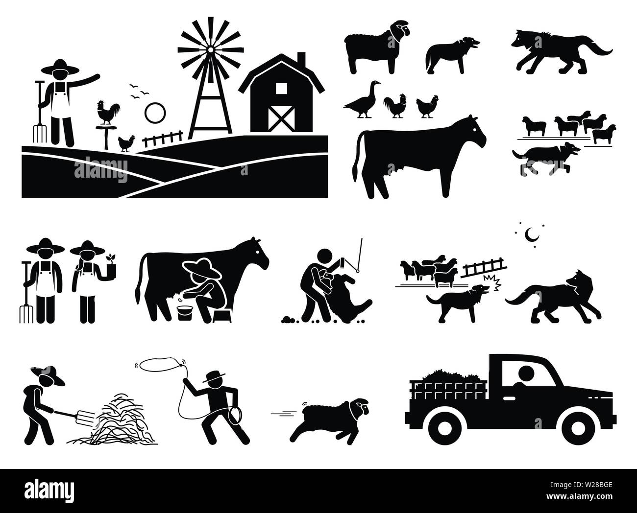 Agriculteur traditionnel de vie à Grange. Stick figure illustrations dépeignent agriculteur, les animaux, la vache à traire, de berger, l'élevage, les moutons, le loup, le cisaillement, et ha Illustration de Vecteur