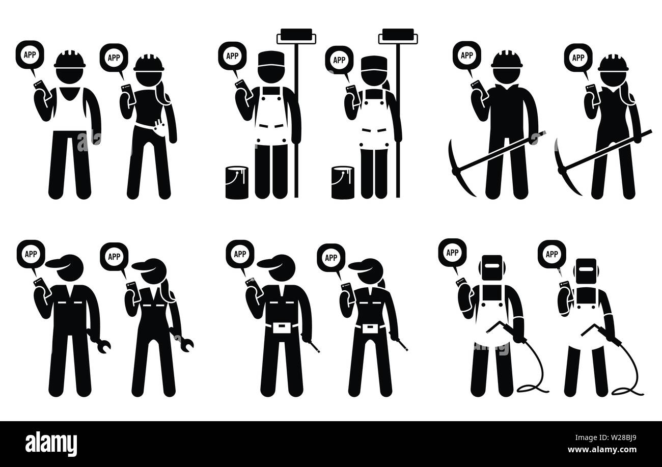 L'industrie, de la construction, constructeurs, et travailleurs des mines à l'aide d'application mobile pour leur emploi. Les images vectorielles illustre ouvrier du bâtiment, peintre, miner, te Illustration de Vecteur