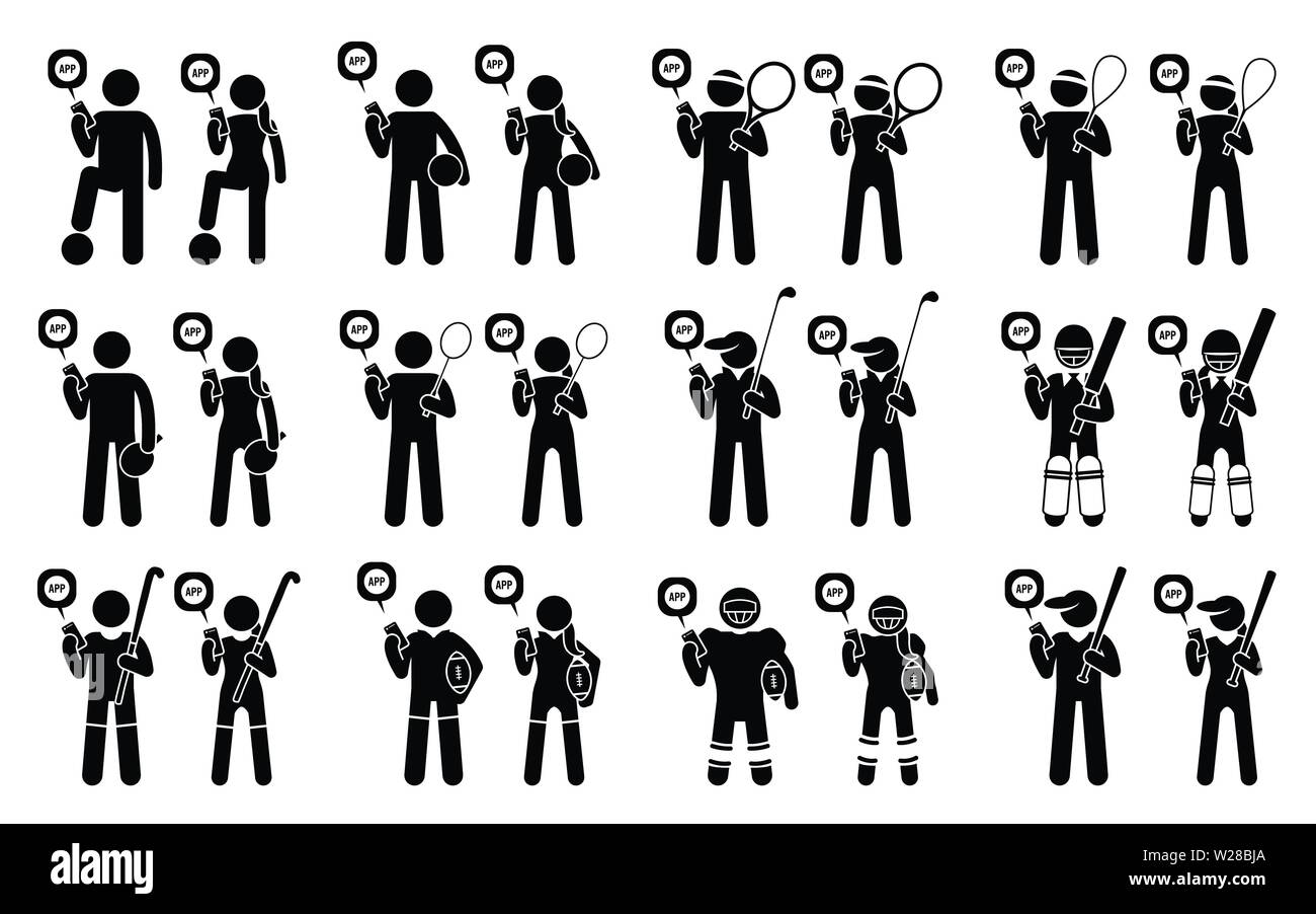 Sportsman et les athlètes utilisant le sport dans l'application mobile. Les joueurs de football, basket-ball, tennis, squash, tennis de table, badminton, golf, cricket, hockey sur gazon, ru Illustration de Vecteur
