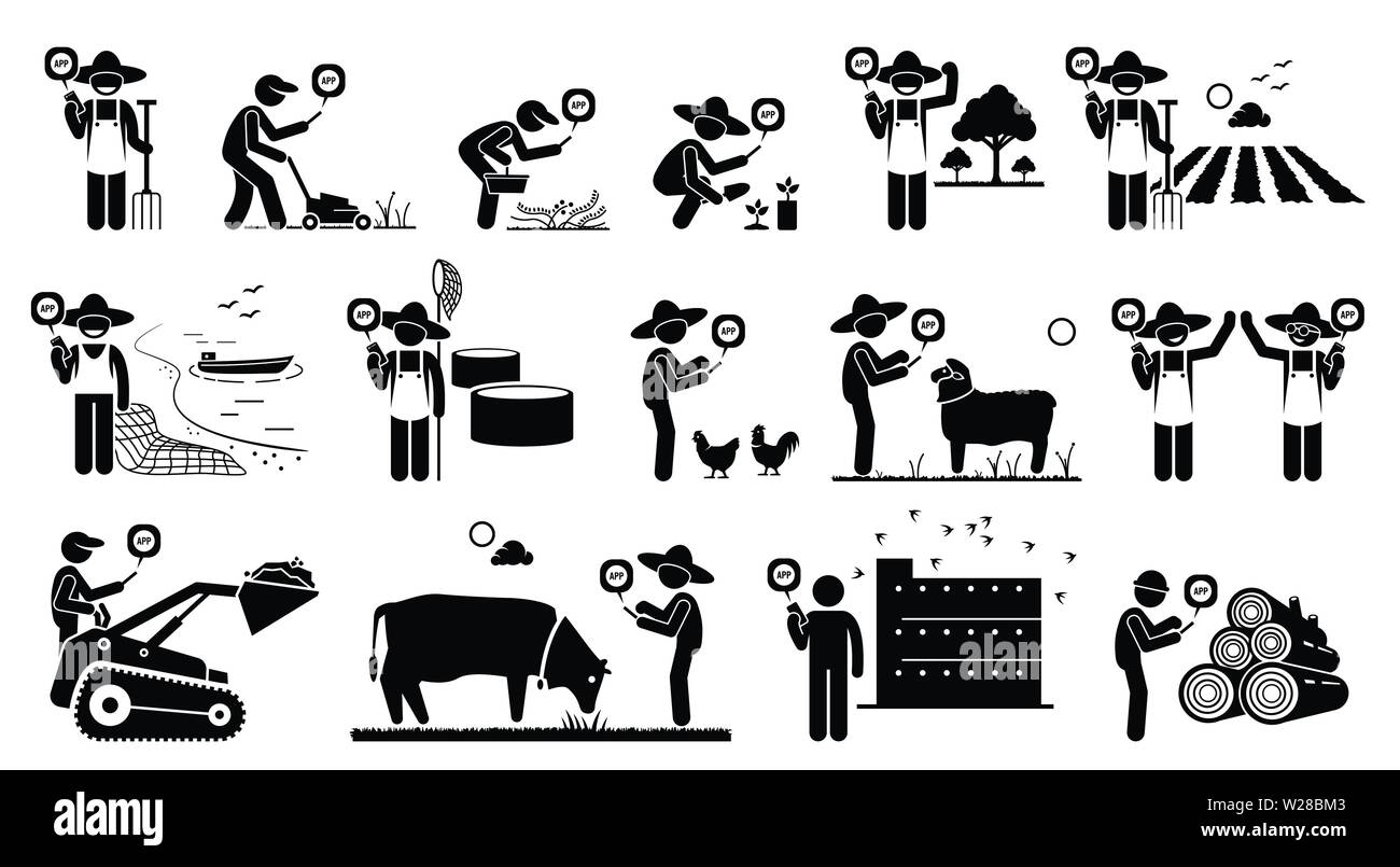 Les travailleurs de l'industrie de l'agriculture en utilisant la technologie mobile app avec leur téléphone intelligent. Les images vectorielles dépeint, agriculteur, pêcheur, jardinier, swiftlet ow Illustration de Vecteur