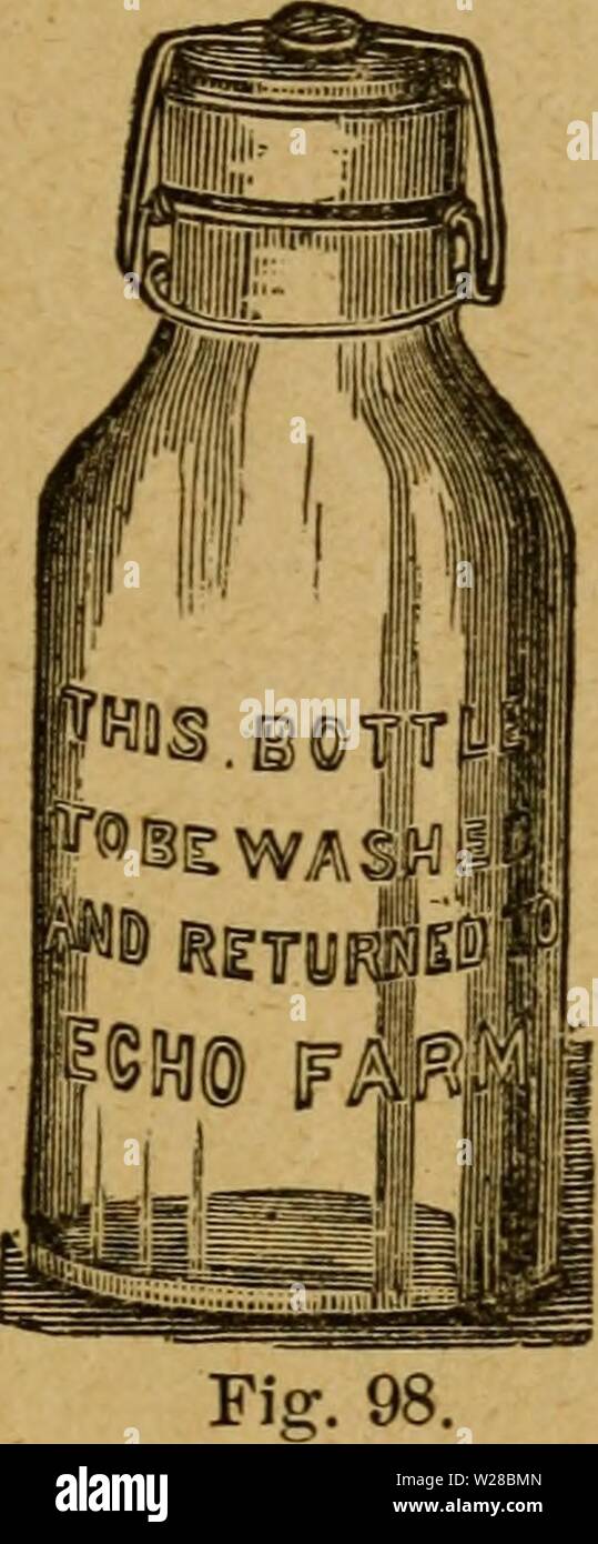 Image d'archive à partir de la page 410 du manuel du producteur laitier ; une pratique. Le producteur laitier d'entretien ; a Practical Treatise on the dairymansmanualp laitiers00stew Année : 1888 AtlLK l'industrie laitière. 405 en meilleur état très chaud ou très froid. Par temps très chaud un bocal en verre ou une bouteille remplie de glace s'est peut-être bloqué dans les bidons pour garder le lait maternel au frais ; par temps froid les boîtes peuvent être mis dans une boîte bordée de sentir, de laine, ou de laine quilting, et un dans chaque coin de la brique chaude dans un récipient de tôle empêche la congélation du lait (figure 97). Quand le temps dans la saison chaude est très proche et lourd, Banque D'Images