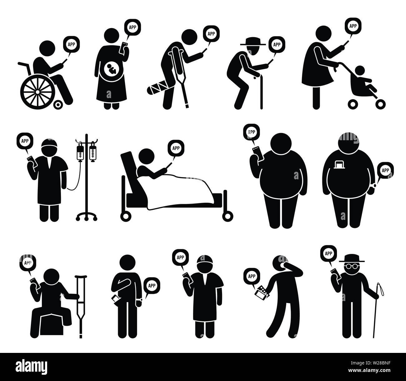 Soins médicaux téléphone mobile app pour les personnes dans le besoin. Les images vectorielles dépeint handicapés, femmes enceintes, personnes âgées, malade du cancer, et aveugle usi Illustration de Vecteur